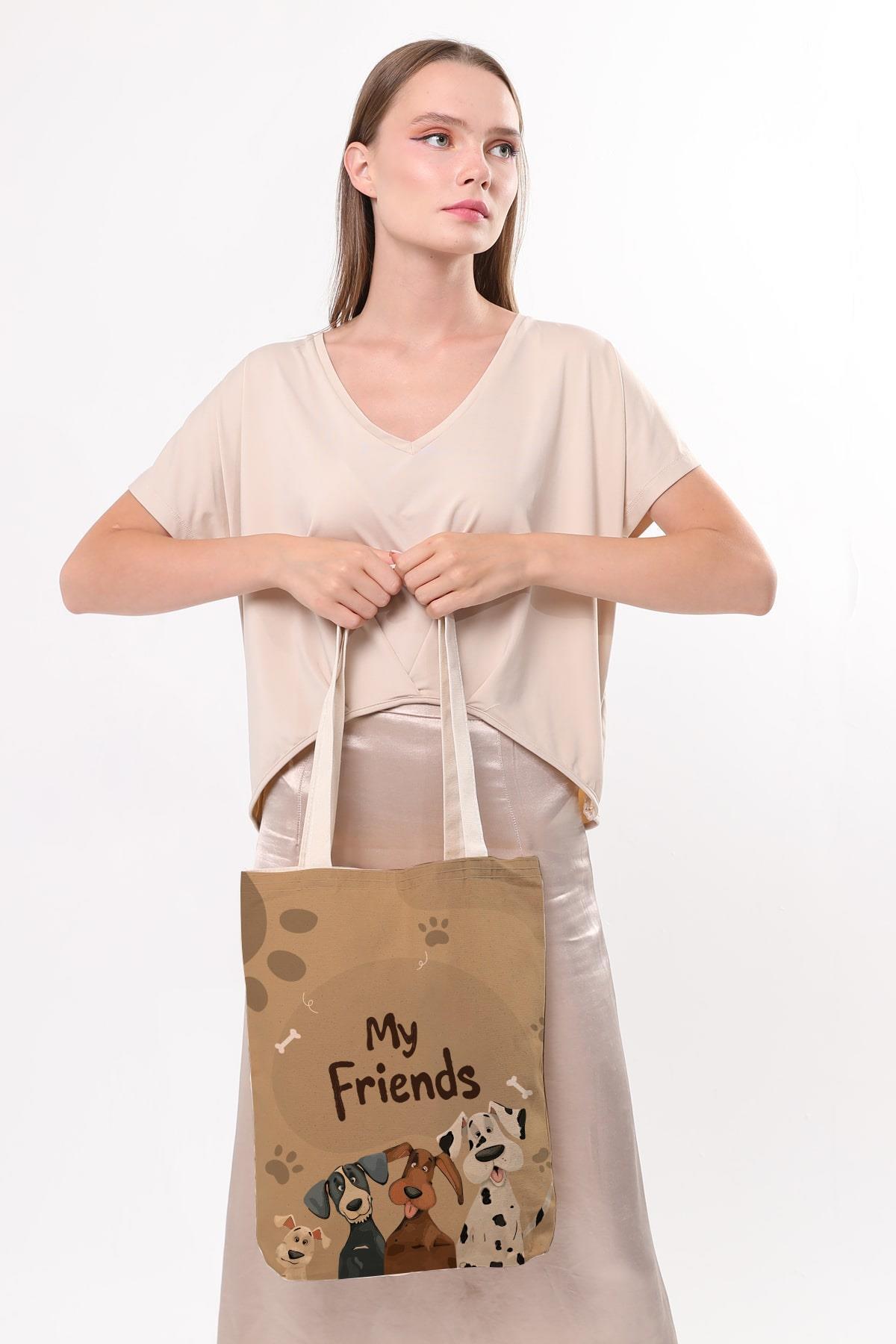 Çınar Bez Çanta  Kanvas Arkadaş Köpekler Baskılı Bez Çanta - Görsel 5