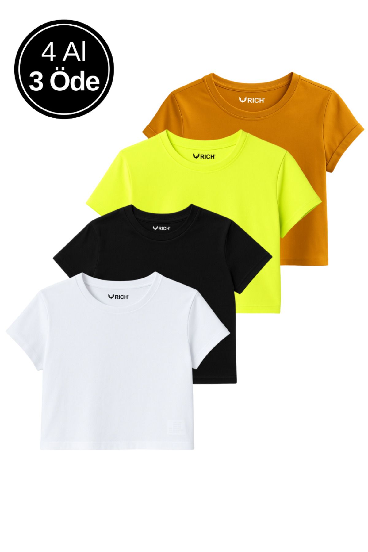 Rich Kadın 4'lü Paket Oversize Crop Tişört %100 Pamuk Bisiklet Yaka T-Shirt