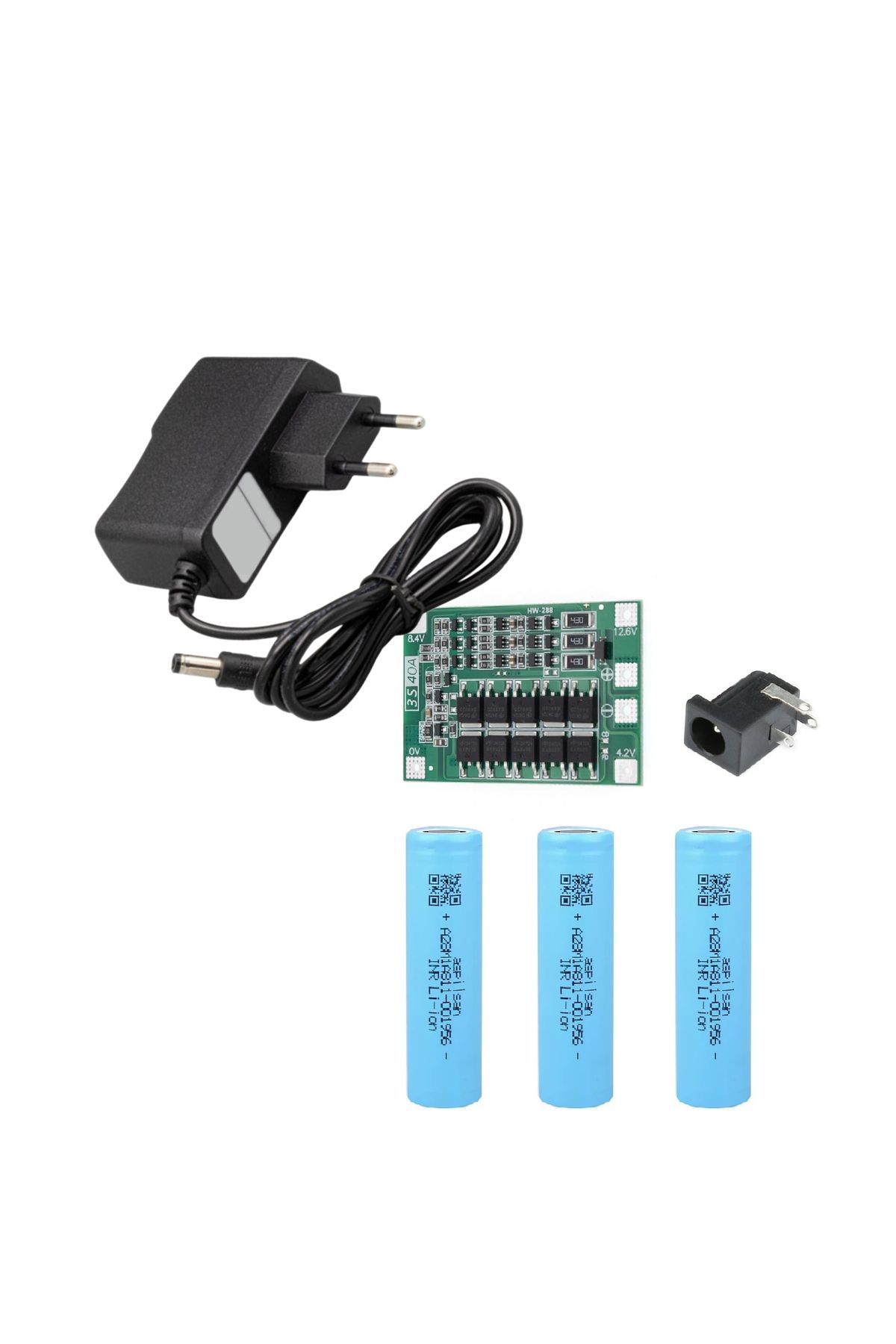 Osman CANDAN plastik 3 Adet Aspilsan Li-ion Pil, 3S 40A BMS, 12 Volt 1 Amper Adaptör ve 5,5x2,5 Dişi Soket