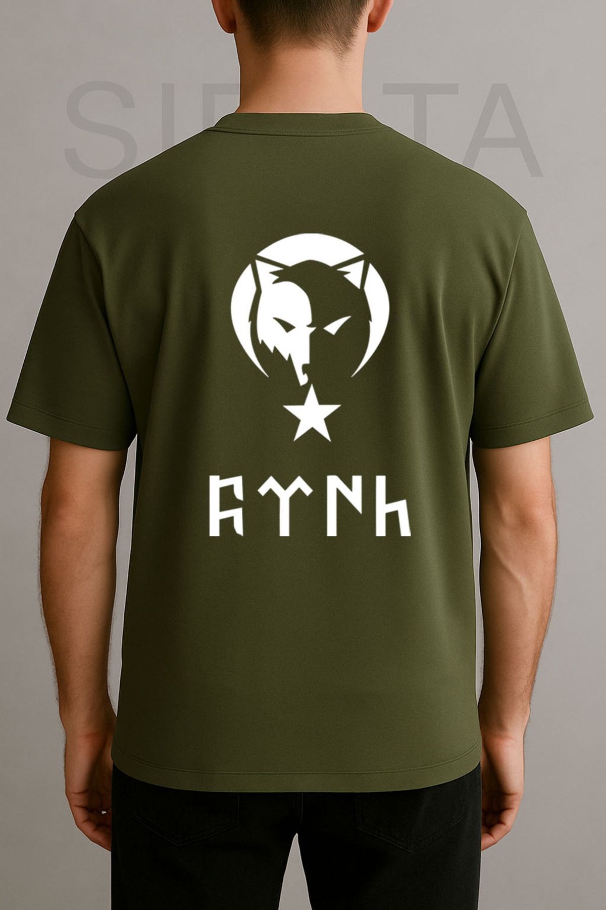 Darkia Türk Bozkurt Kurt Baskılı Bisiklet Yaka Oversize Yeşil Tişört T-shirt