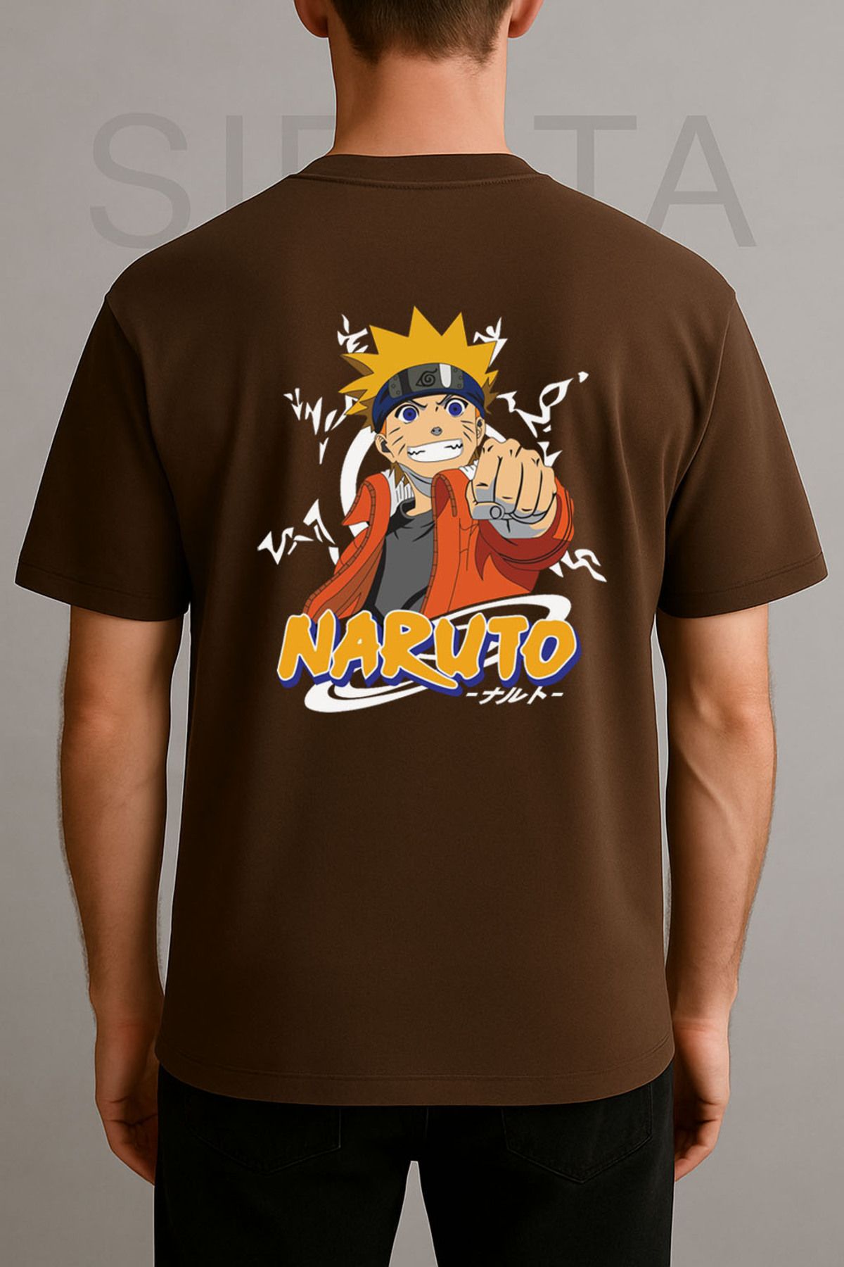 Darkia Anime Naruto Uzumaki Baskılı Bisiklet Yaka Oversize Kahverengi Tişört T-shirt