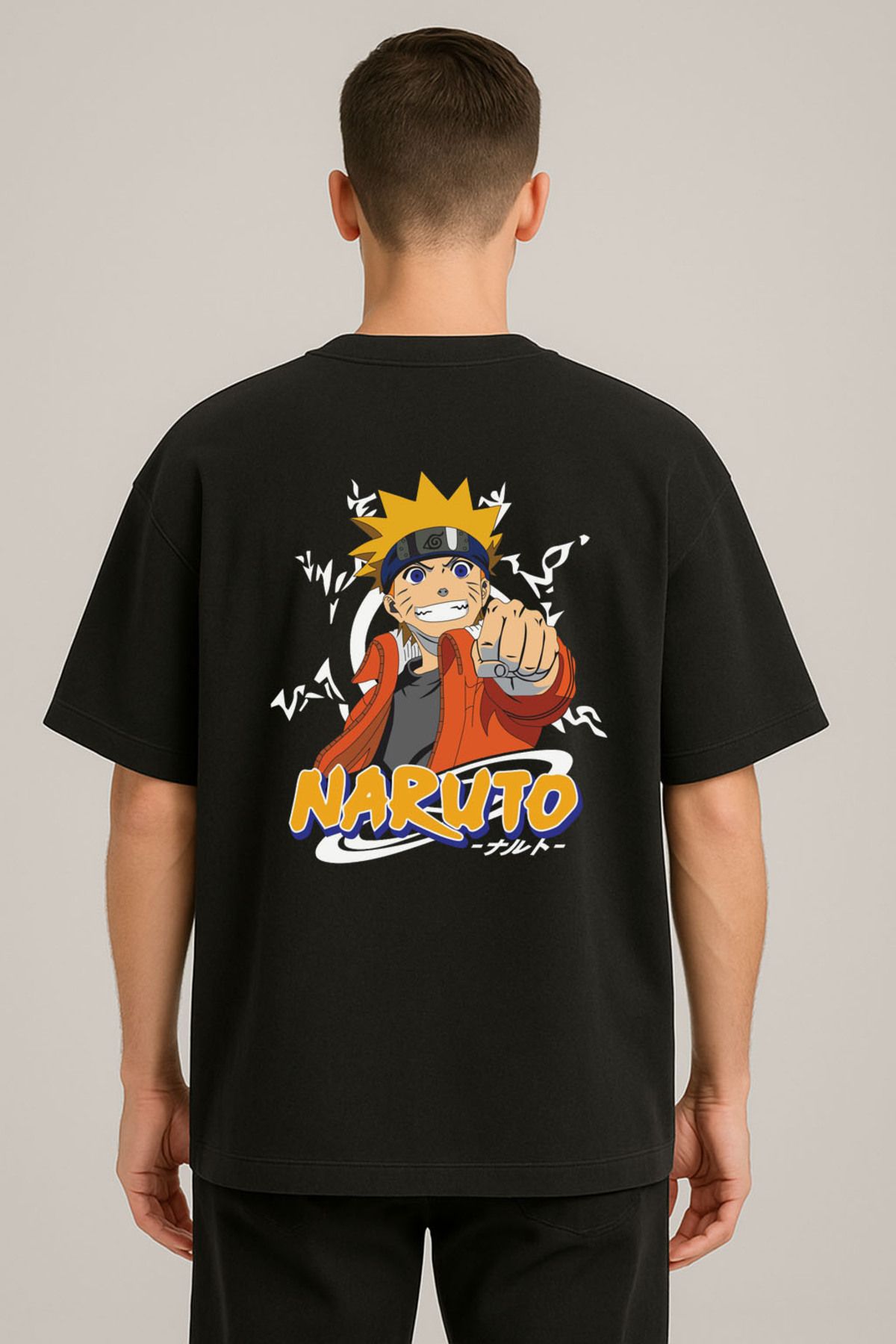 sielta Anime Naruto Uzumaki Baskılı Bisiklet Yaka Oversize Siyah Tişört T-shirt