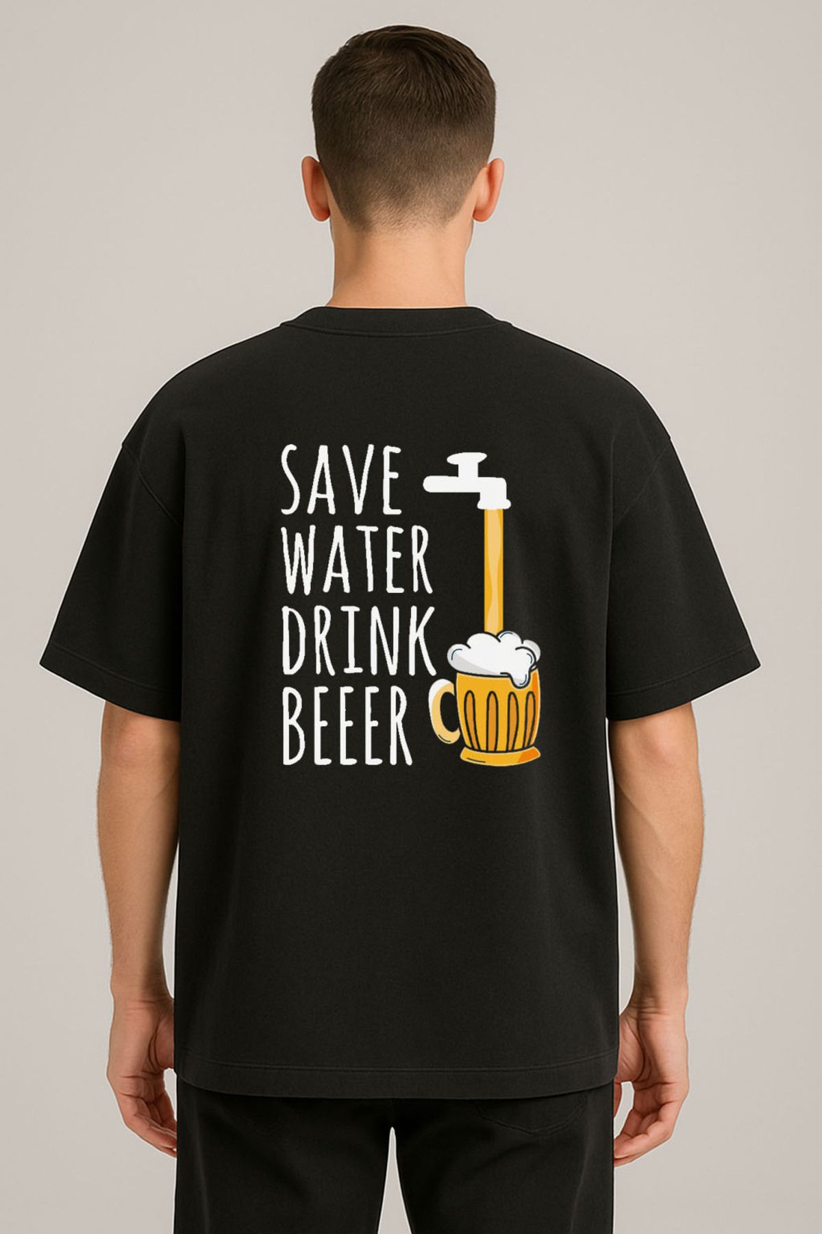 sielta Bira Zamanı Beer Time Baskılı Bisiklet Yaka Oversize Siyah Tişört T-shirt