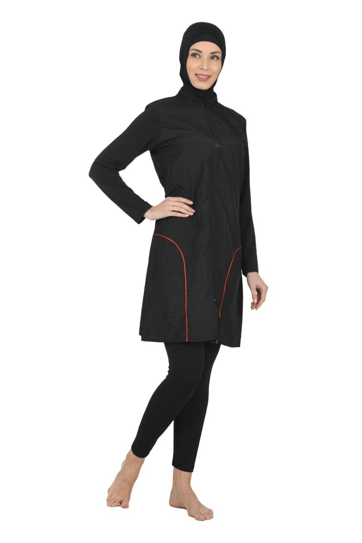 KYE WEAR Kadın Siyah Desenli Fermuarlı Tesettür Mayo