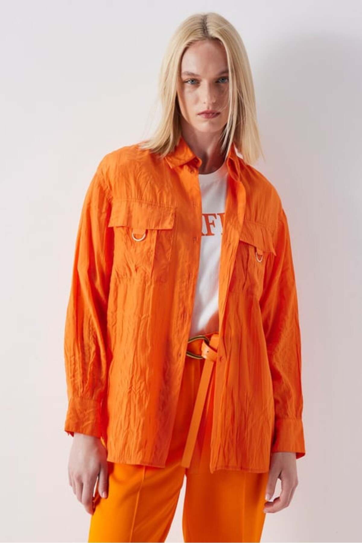 Sm Giyim Kadın Oversize Bayramlık Şık Turuncu Gömlek