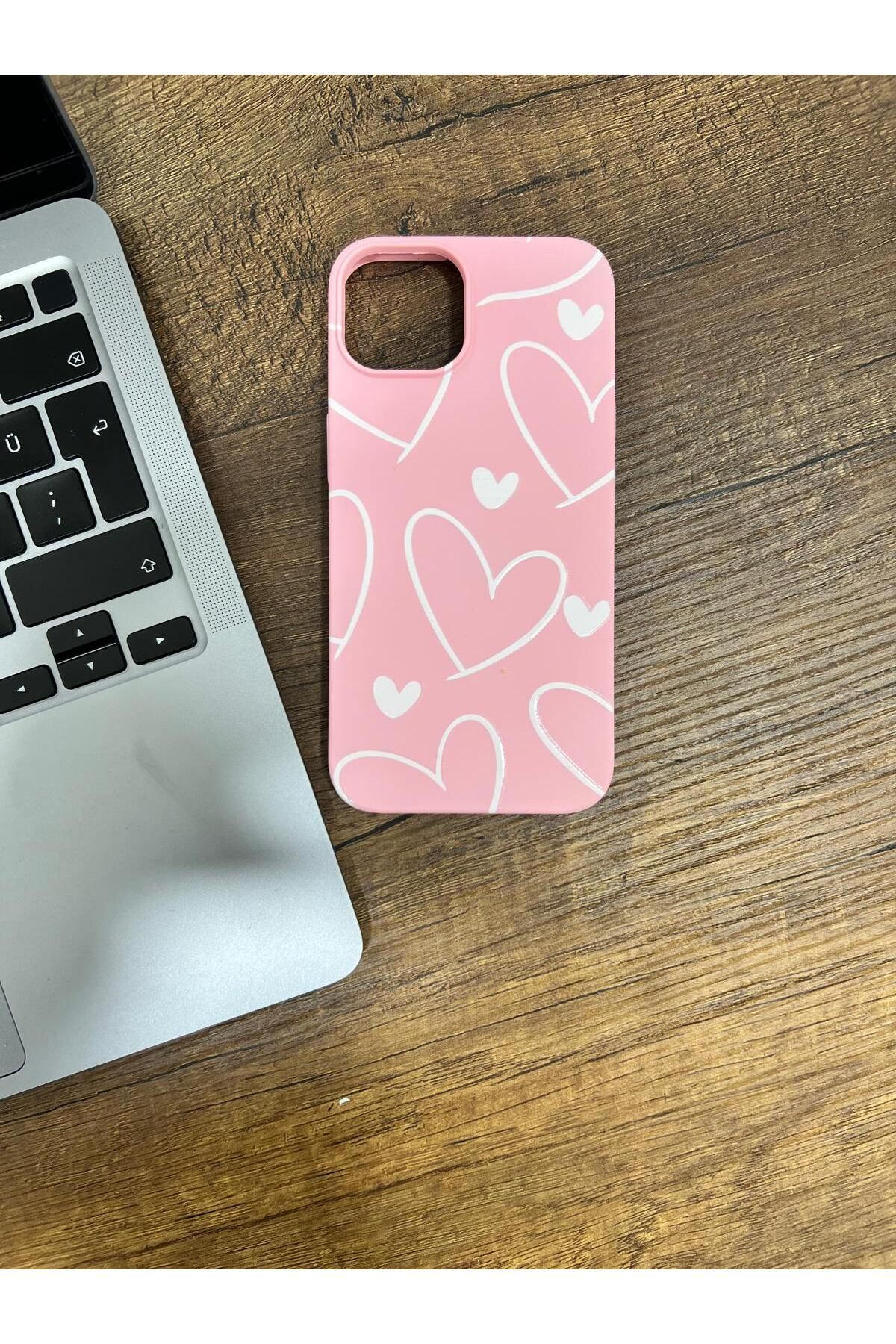HZR Iphone 13 Pembe Büyük Beyaz Kalp Desenli Silikon Kılıf