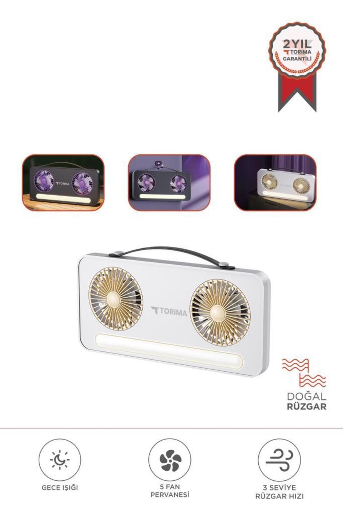 Torima F-23 Beyaz LED Işıklı Çift Fanlı Mini Masaüstü Vantilatör 1200mAh Şarjlı Taşınabilir Fan