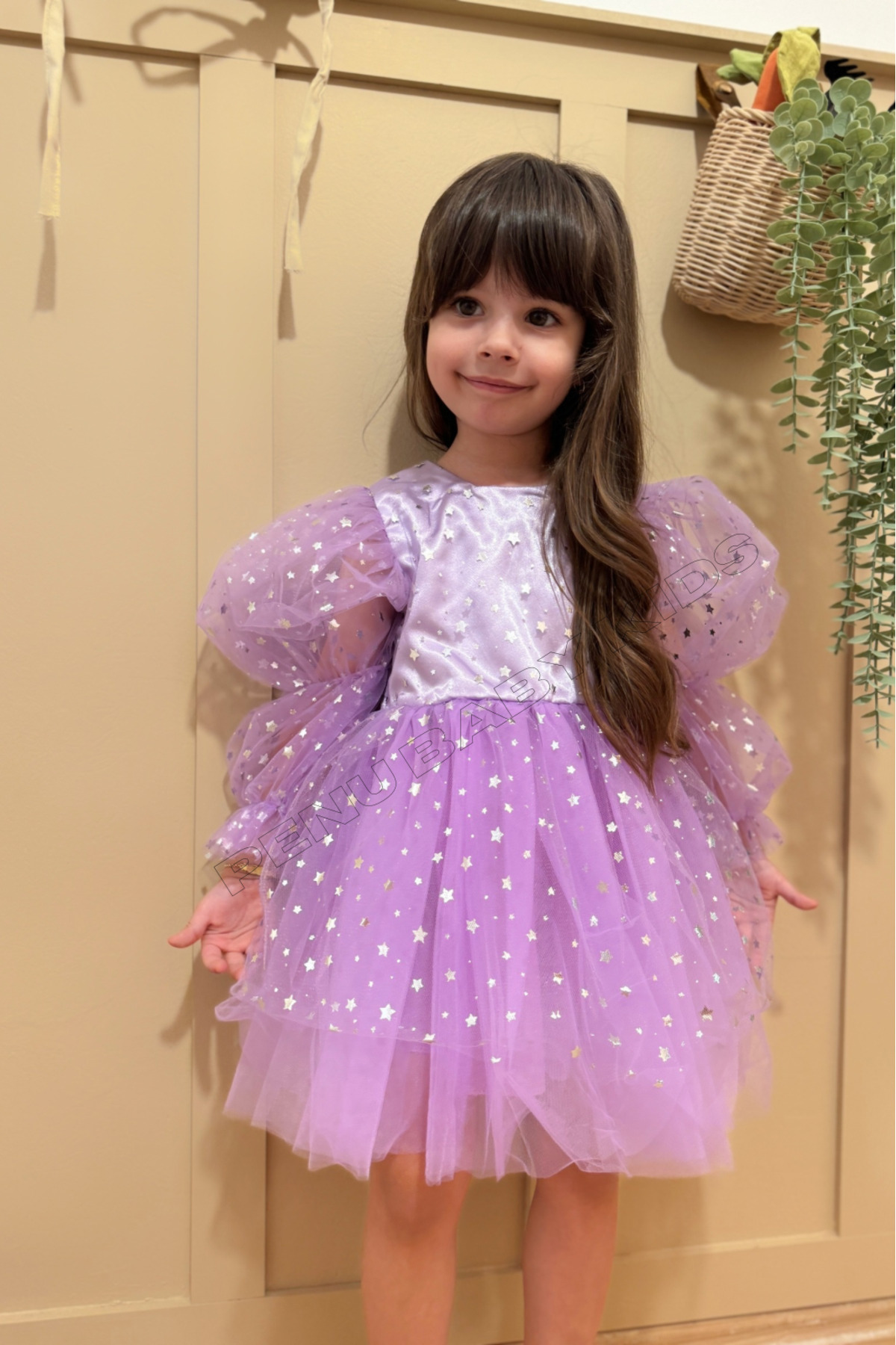 penu baby kids Lila Balon Kol Yıldızlı Tül Uzun Kol Kız Çocuk Elbise fotoğrafı 3 (önizleme)