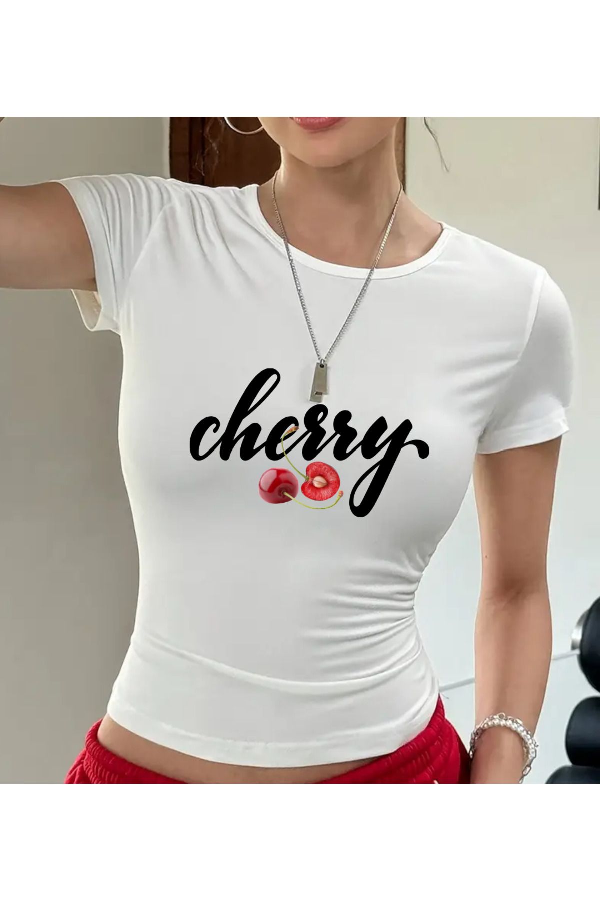 Touz Moda Cherry Baskılı Beyaz Body Crop Bluz