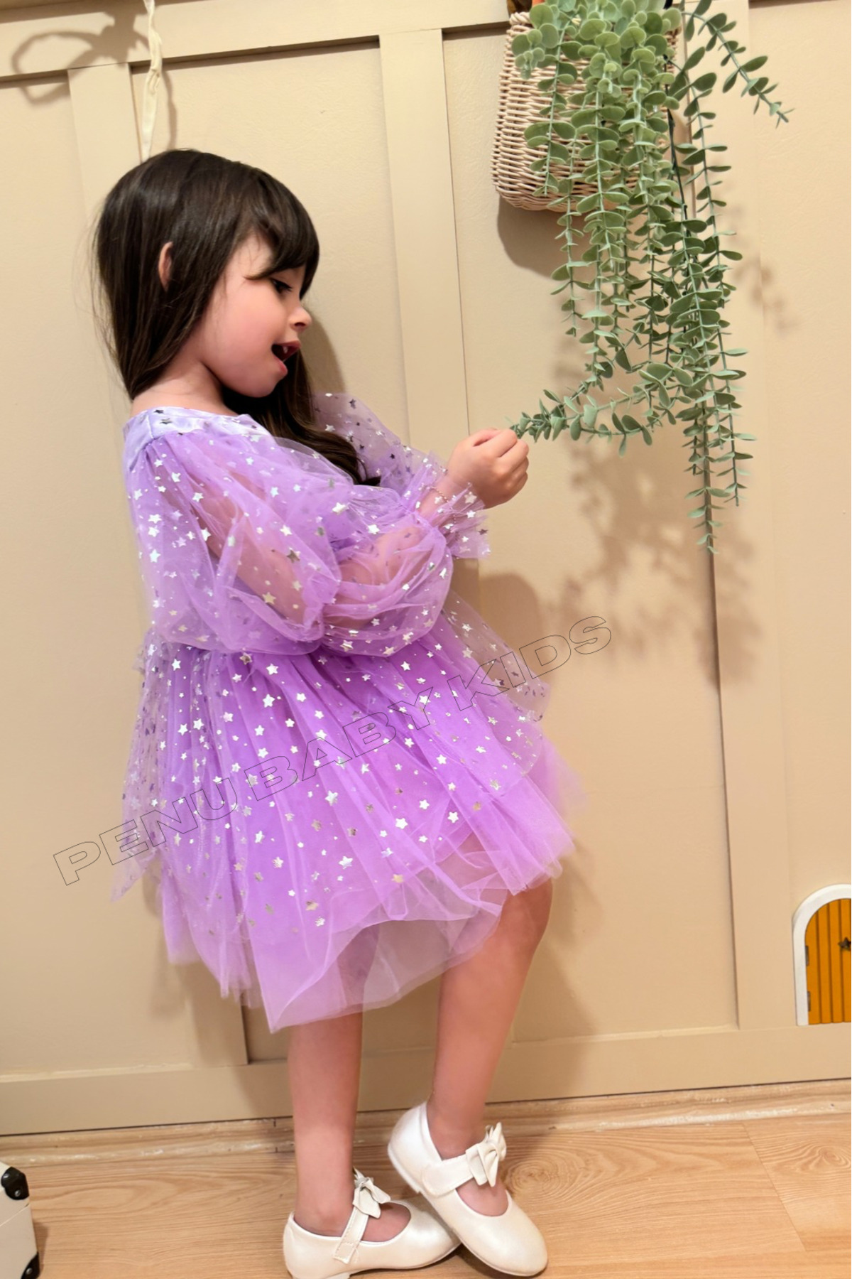 penu baby kids Lila Balon Kol Yıldızlı Tül Uzun Kol Kız Çocuk Elbise fotoğrafı 7 (önizleme)