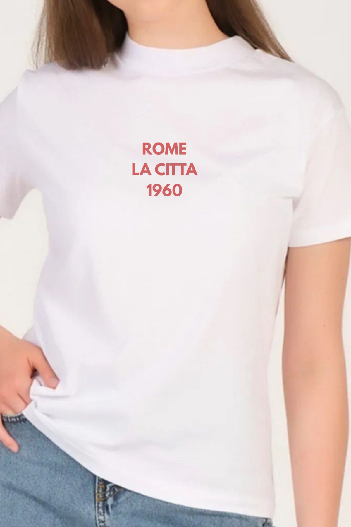 PHIL HILL Rome Baskılı Kadın Beyaz Dik Yaka T-shirt %100 Pamuk