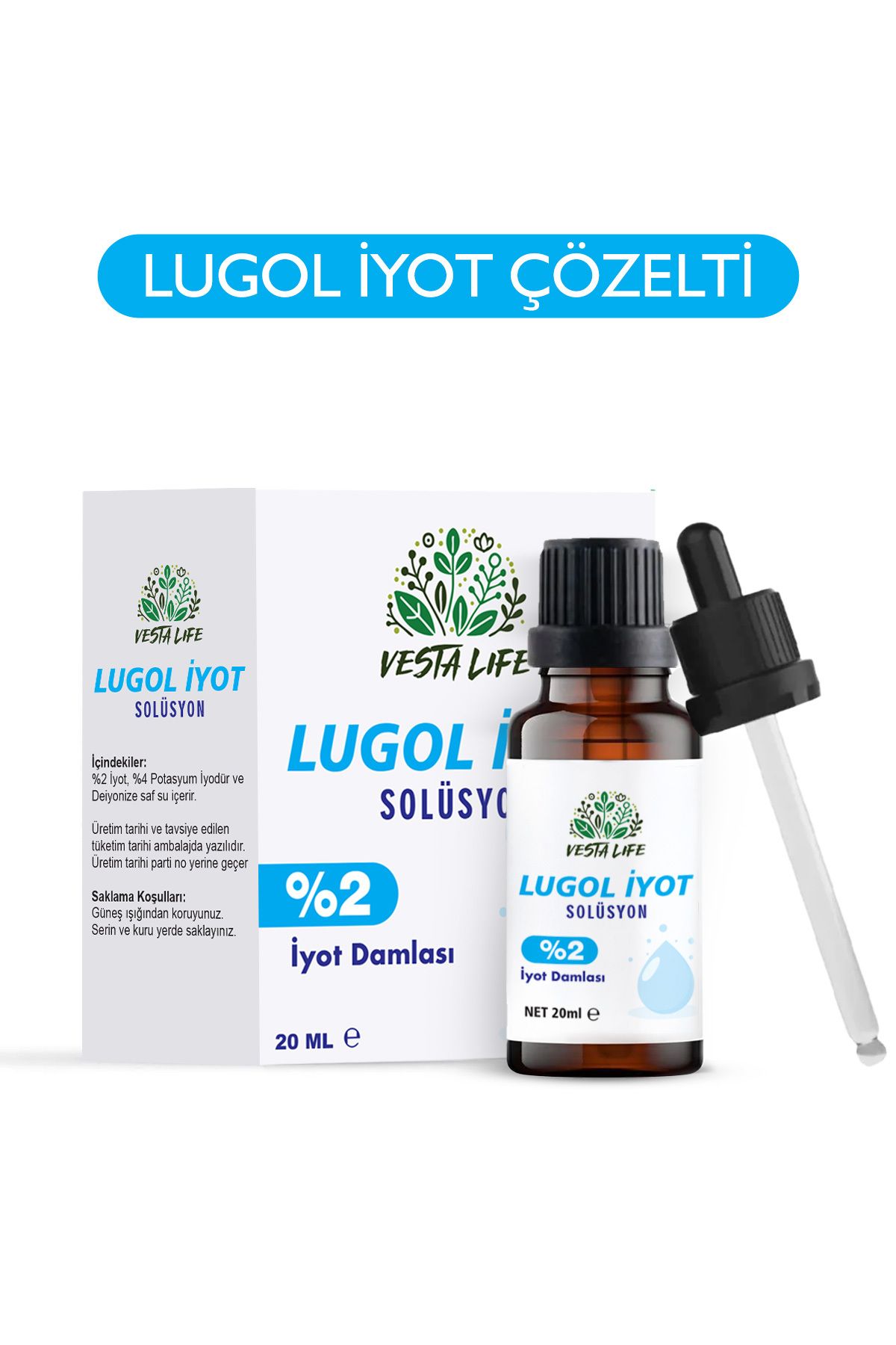 vesta life Lugol Iyot Damla %2 Takviye Edici Gıda 20 Ml, Lugols Solution, Iyot Damlası, Iyot Takviyesi