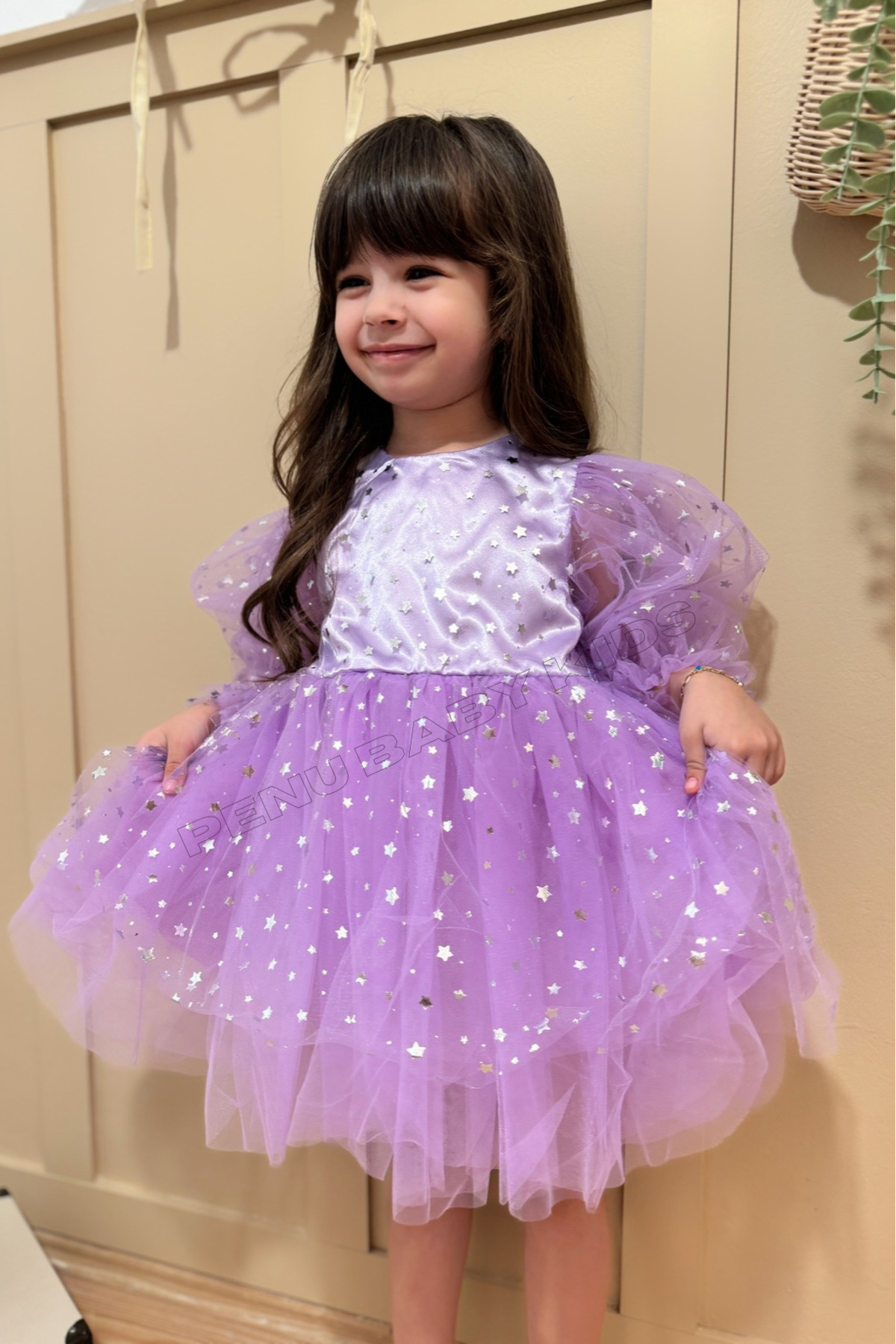 penu baby kids Lila Balon Kol Yıldızlı Tül Uzun Kol Kız Çocuk Elbise fotoğrafı 2 (önizleme)