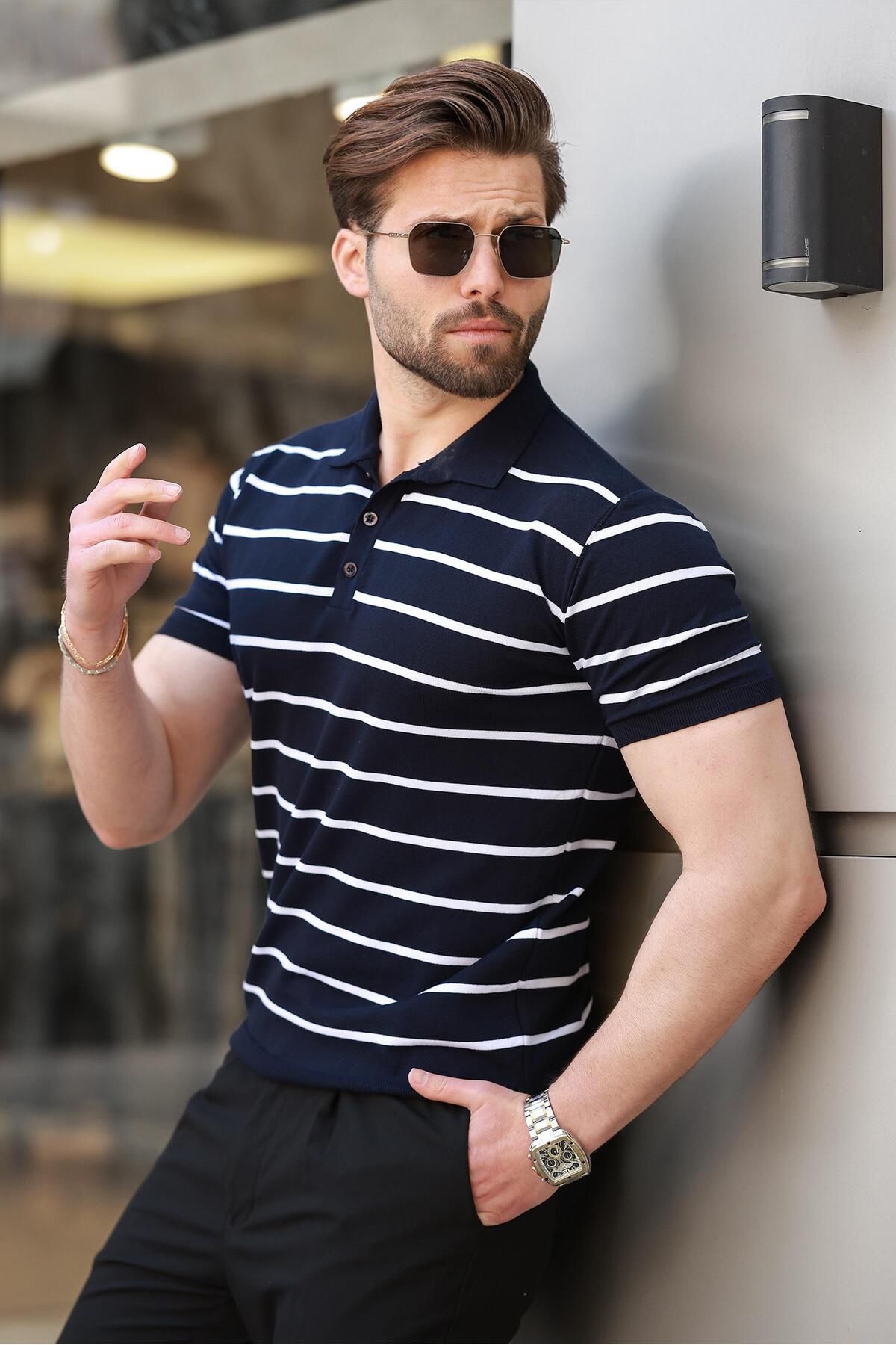 Madmext Lacivert Çizgili Polo Yaka Erkek T-shirt E7405