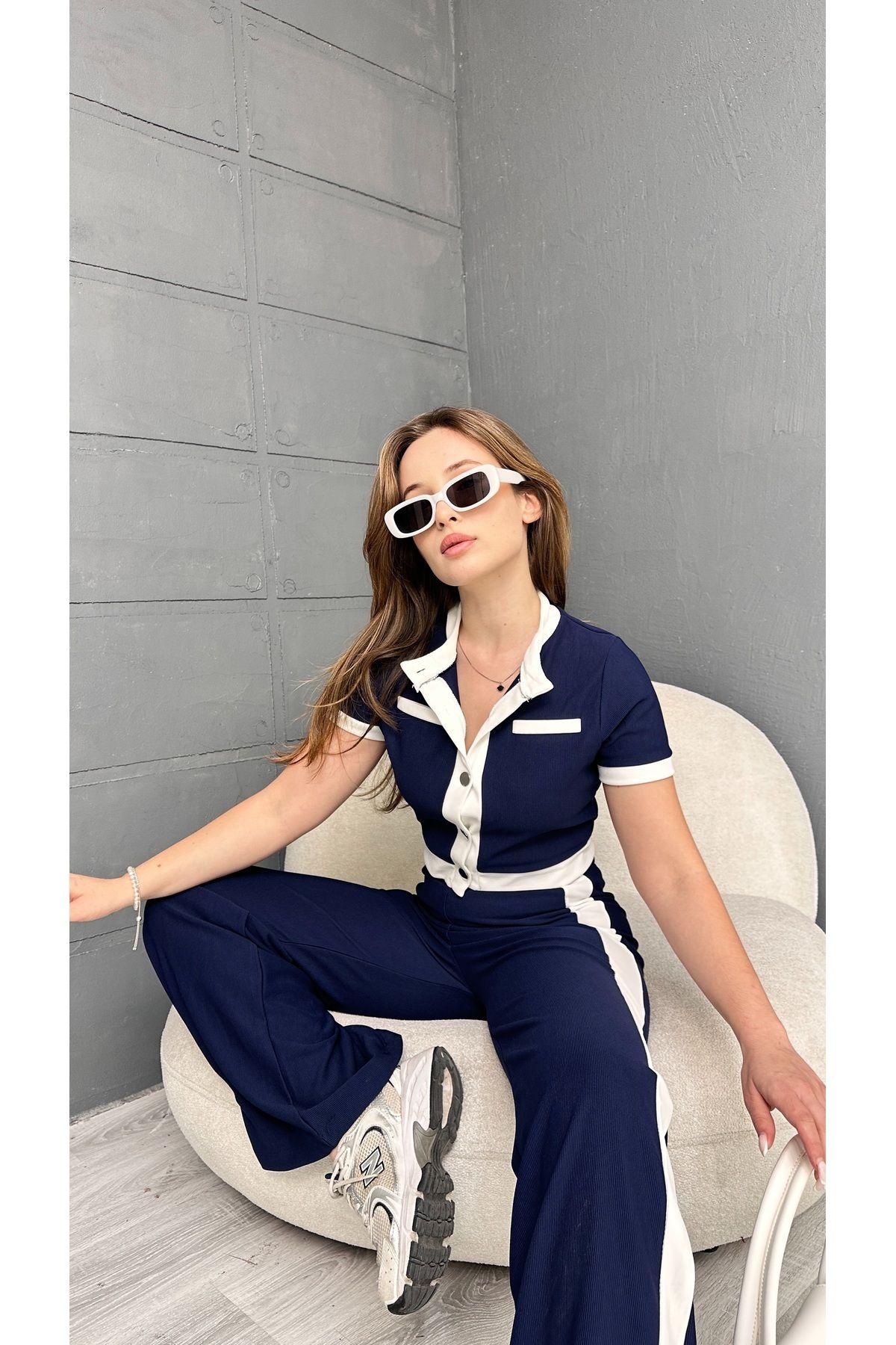 LaRosa Lingerie Kadın Lacivert Kısa Kollu Şerit Detaylı İkili Takım