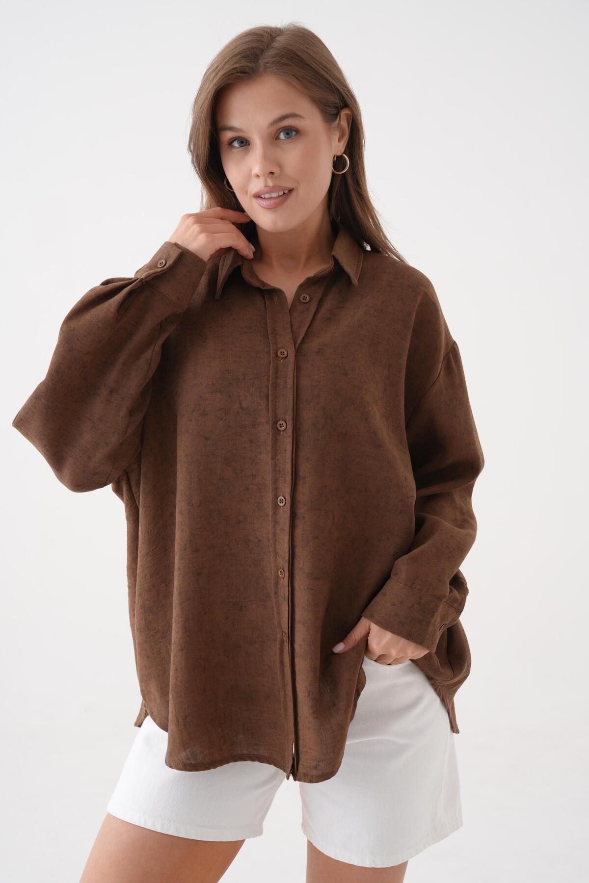 minaaise Kadın Kahve Batik Desenli Tunik Oversize Gömlek 29180