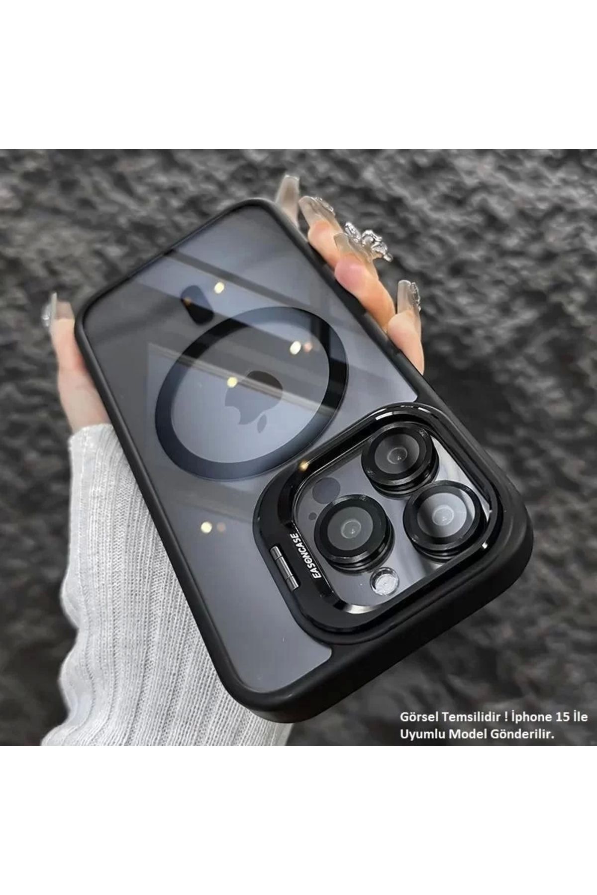 Miscase iPhone 15 Pro Max Uyumlu Kılıf Klon Stantlı + Lens Korumalı MagSafe Kapak