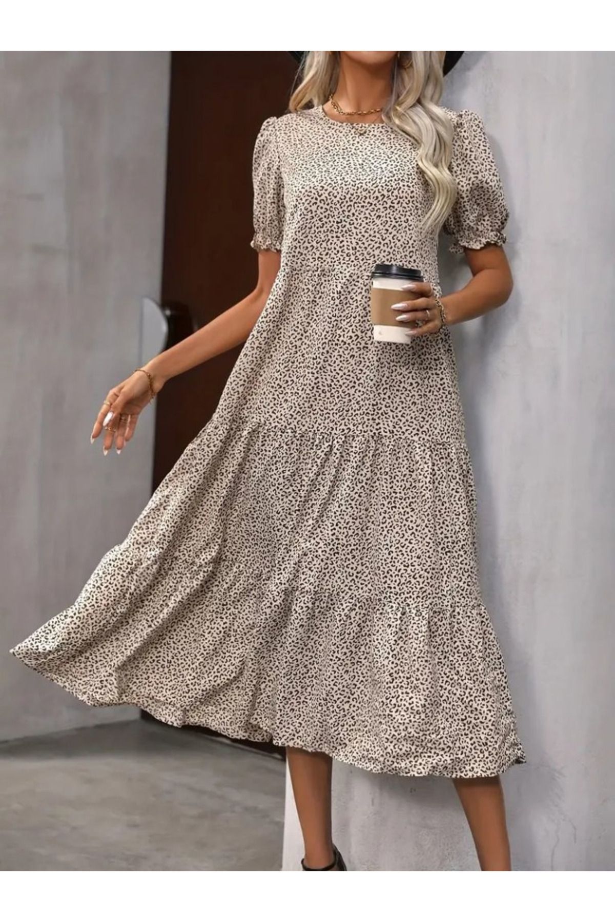 velmorafashion Kadın Mini Leopar Desen Midi üç Kat Elbise