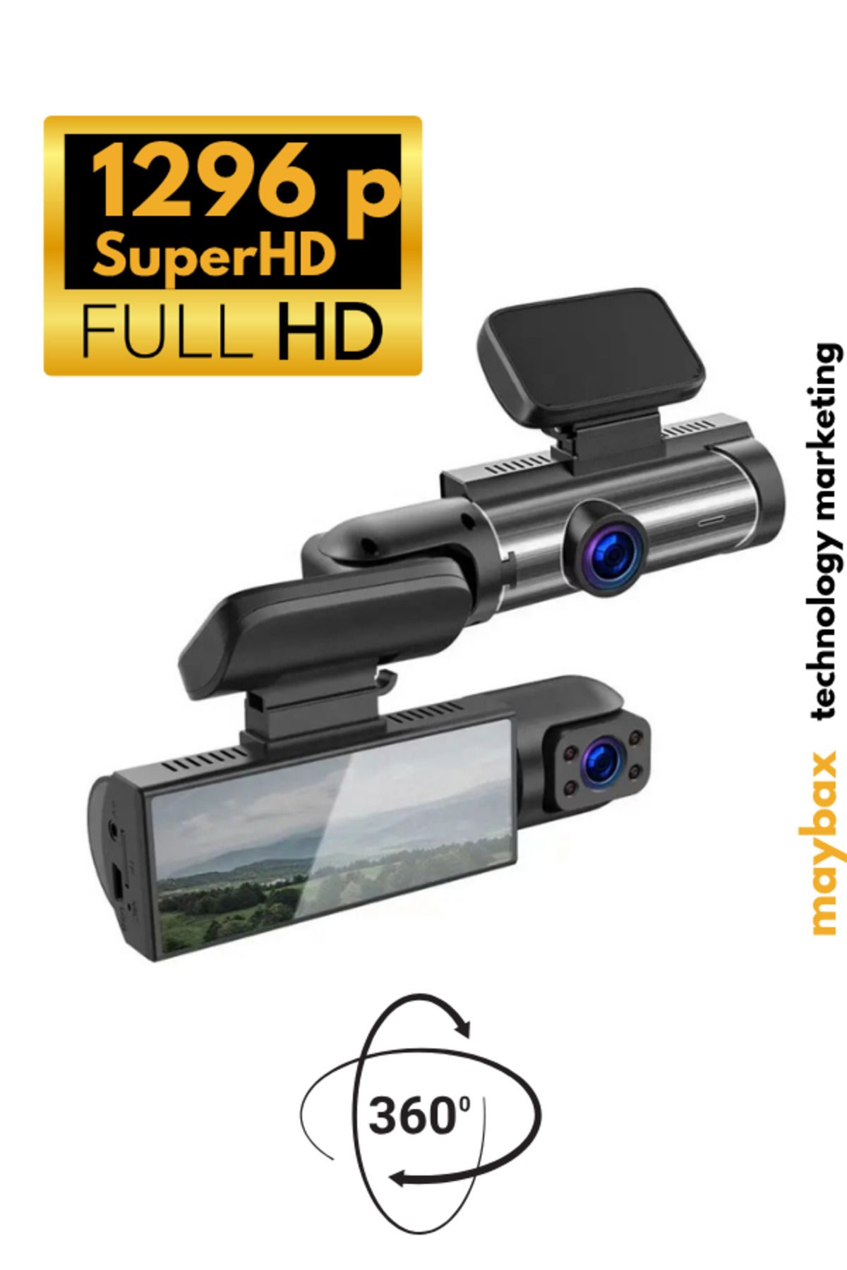 Maybax 2 Kamera Super HD Araç Kamera 1291P Görüntü 3 Inch Ekran 360 Derece Görüş Araç İçi Kamera