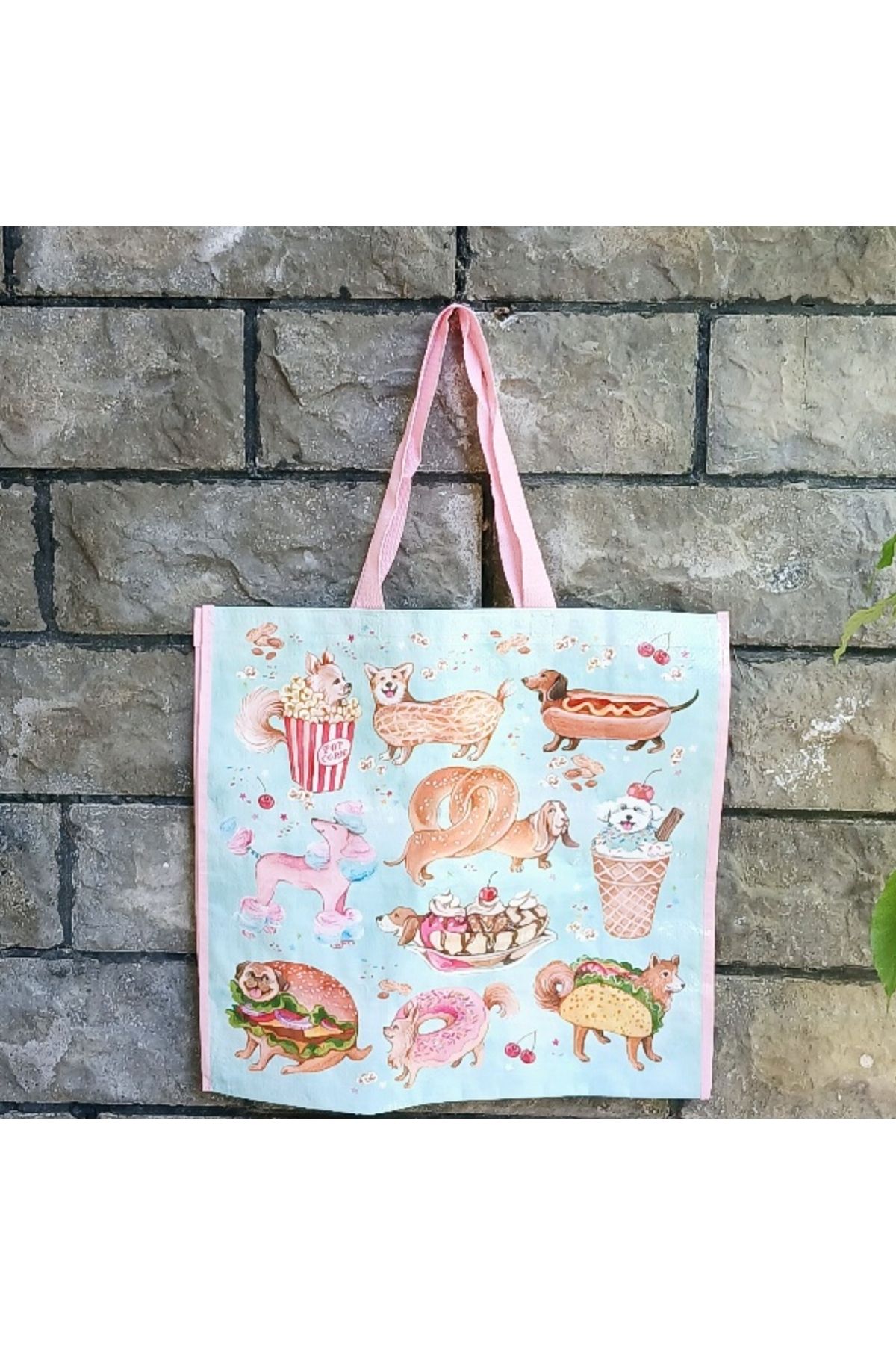 MyBalliStore Pembe Köpek Desenli Alışveriş Çantası (pazar çantası)