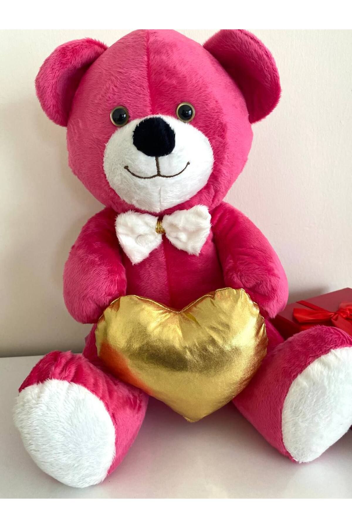 ayıcık Altın Kalpli Fuşya Peluş Ayıcık – 40 cm Aşk Dolu Hediye Oyuncağı