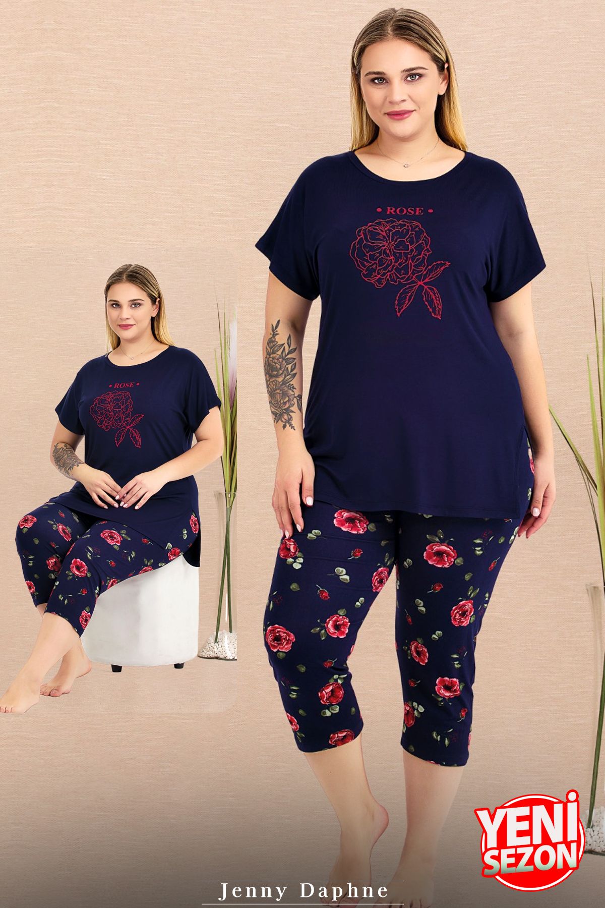 Jenny Daphne Büyük Beden Çiçek Desenli Lacivert Bisiklet Yaka Kısa Kollu Kapri Pijama Takımı 10735