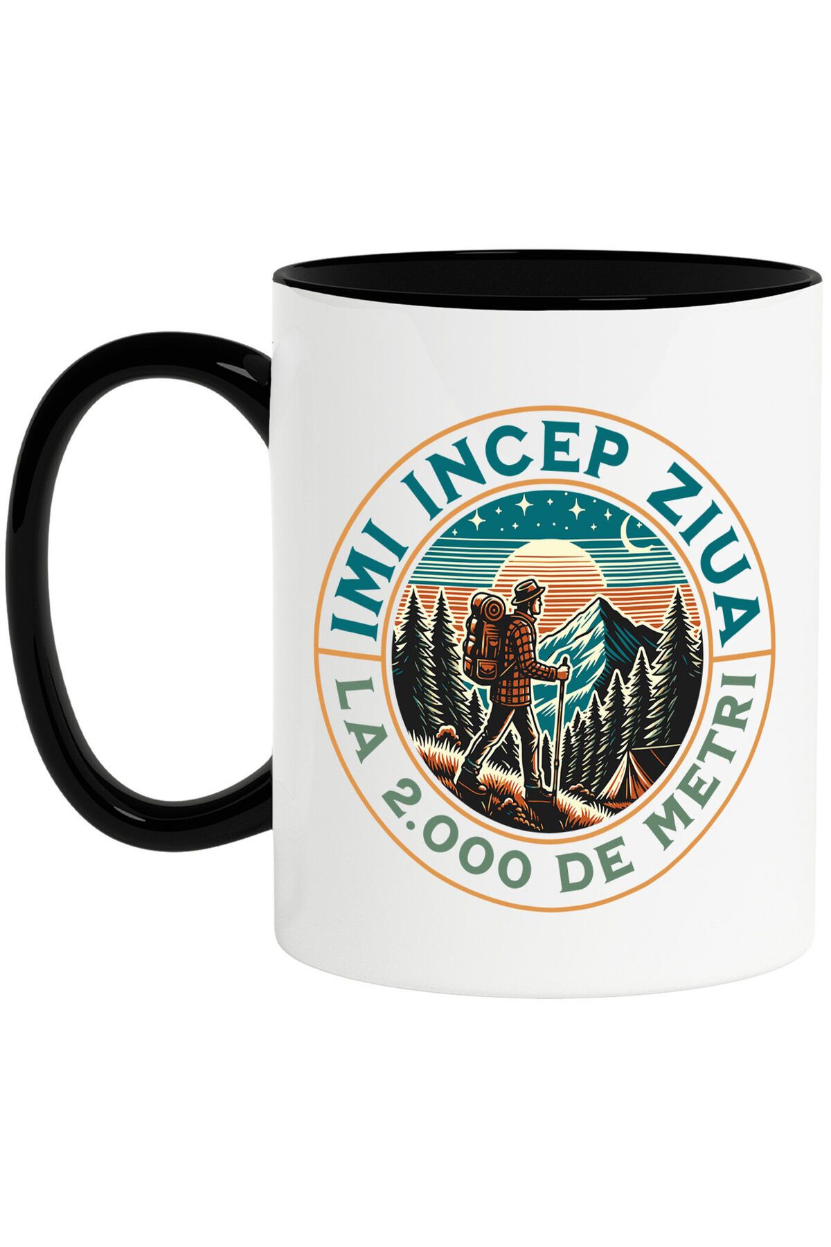 StoryGift Romania Cana Cu Barbat Pe Munte Text Imi Incep Ziua La 2.000 Metri, Padure, Natura, Drum, Cu Maner Negru Stg - One Size