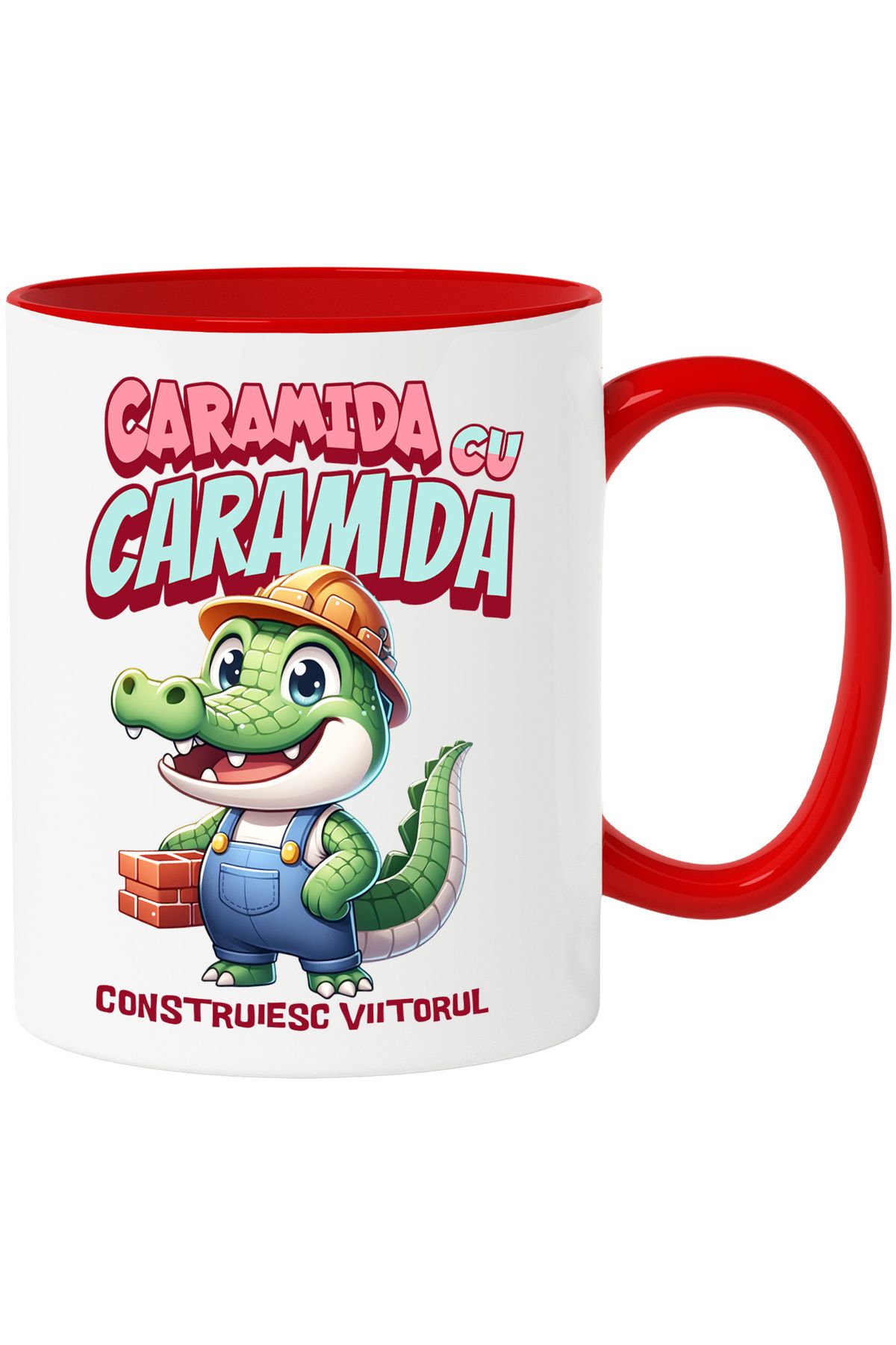 StoryGift Romania Cana Mesaj Caramida Cu Caramida, Construiesc Viitorul Crocodil Muncitor , 330ml,, Cu Maner Rosu Stg - One Size