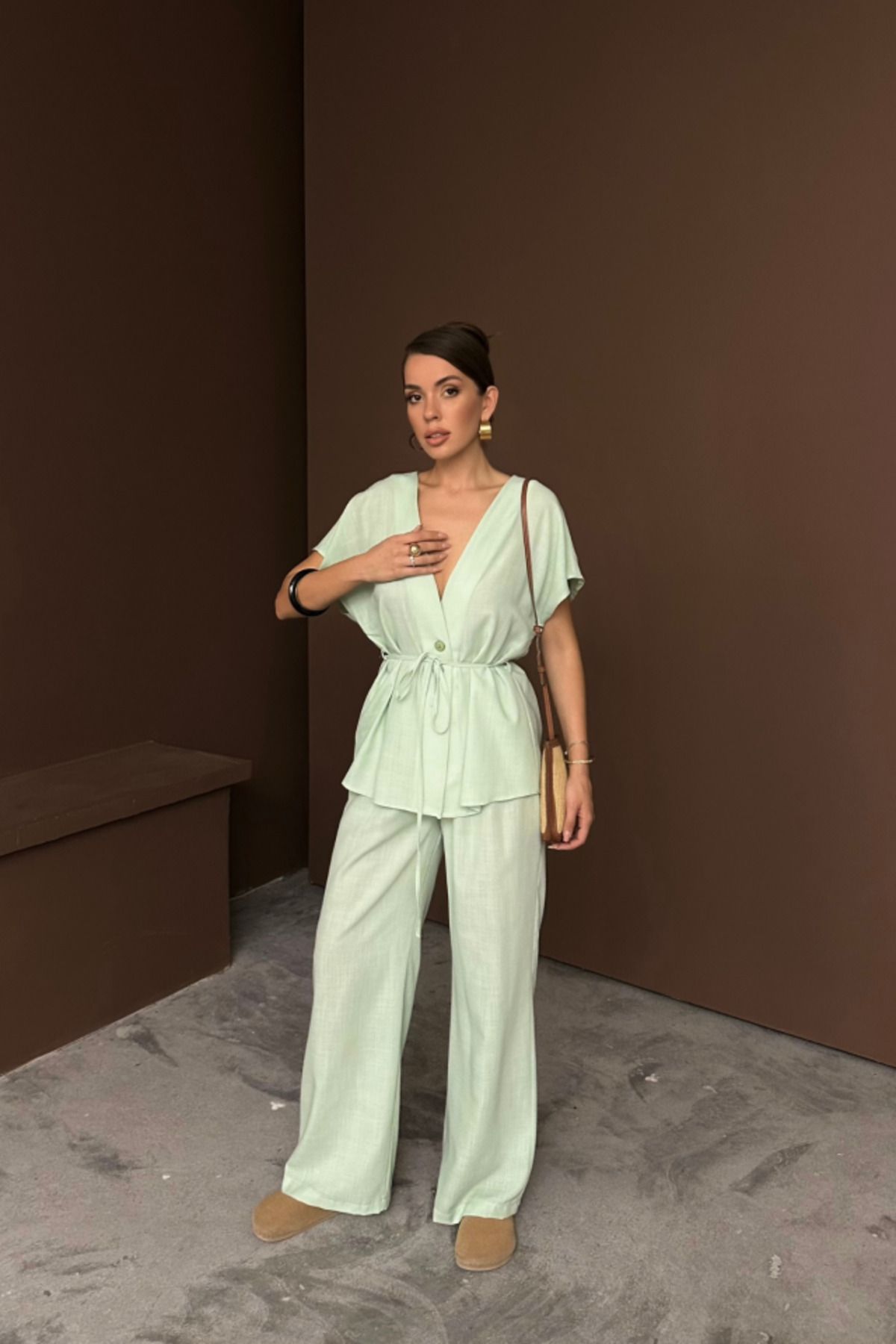 velmorafashion KETEN V YAKA BELDEN BAĞLAMALI BLUZ-PANTOLON TAKIM - Yeşil