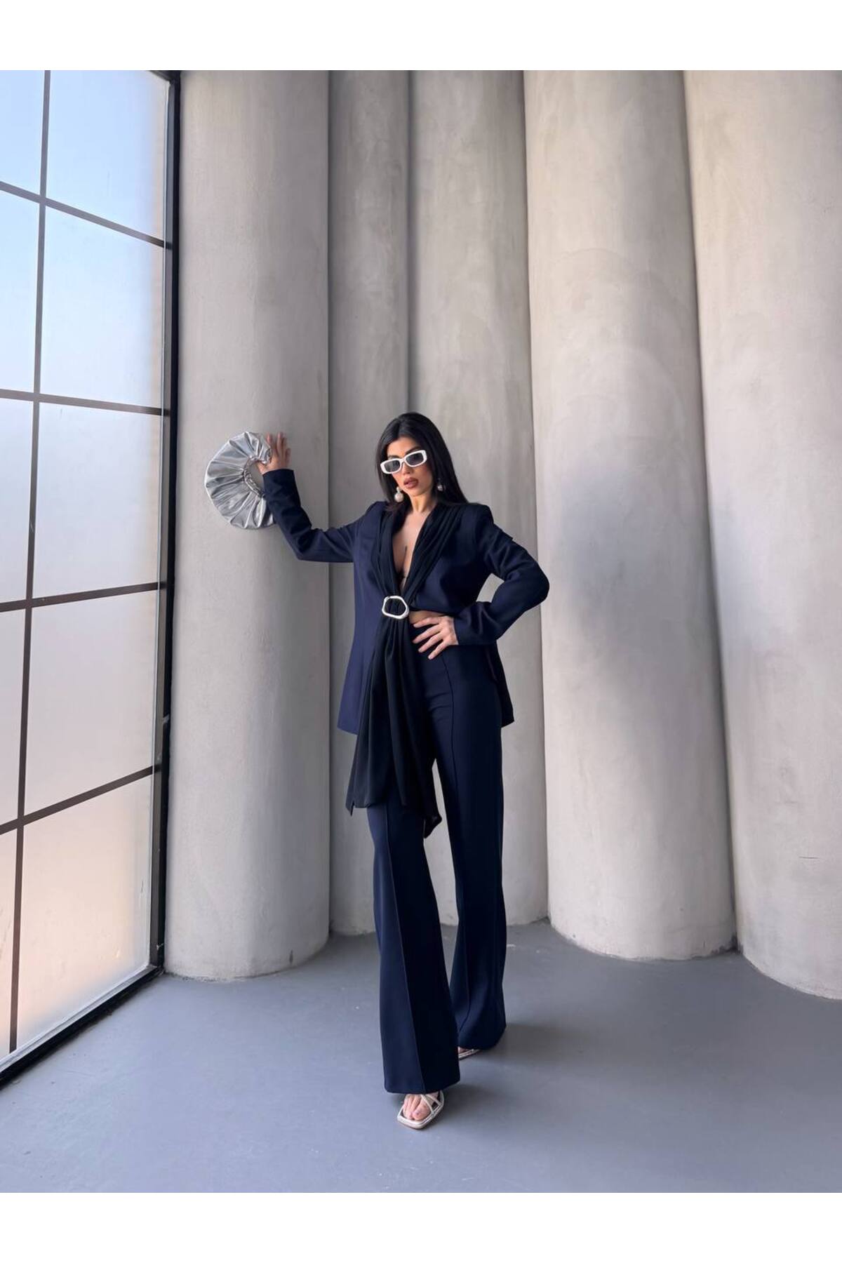 Women's Blazer Suit with Shawl Detail Two-Piece Navy Blue - Görsel 4