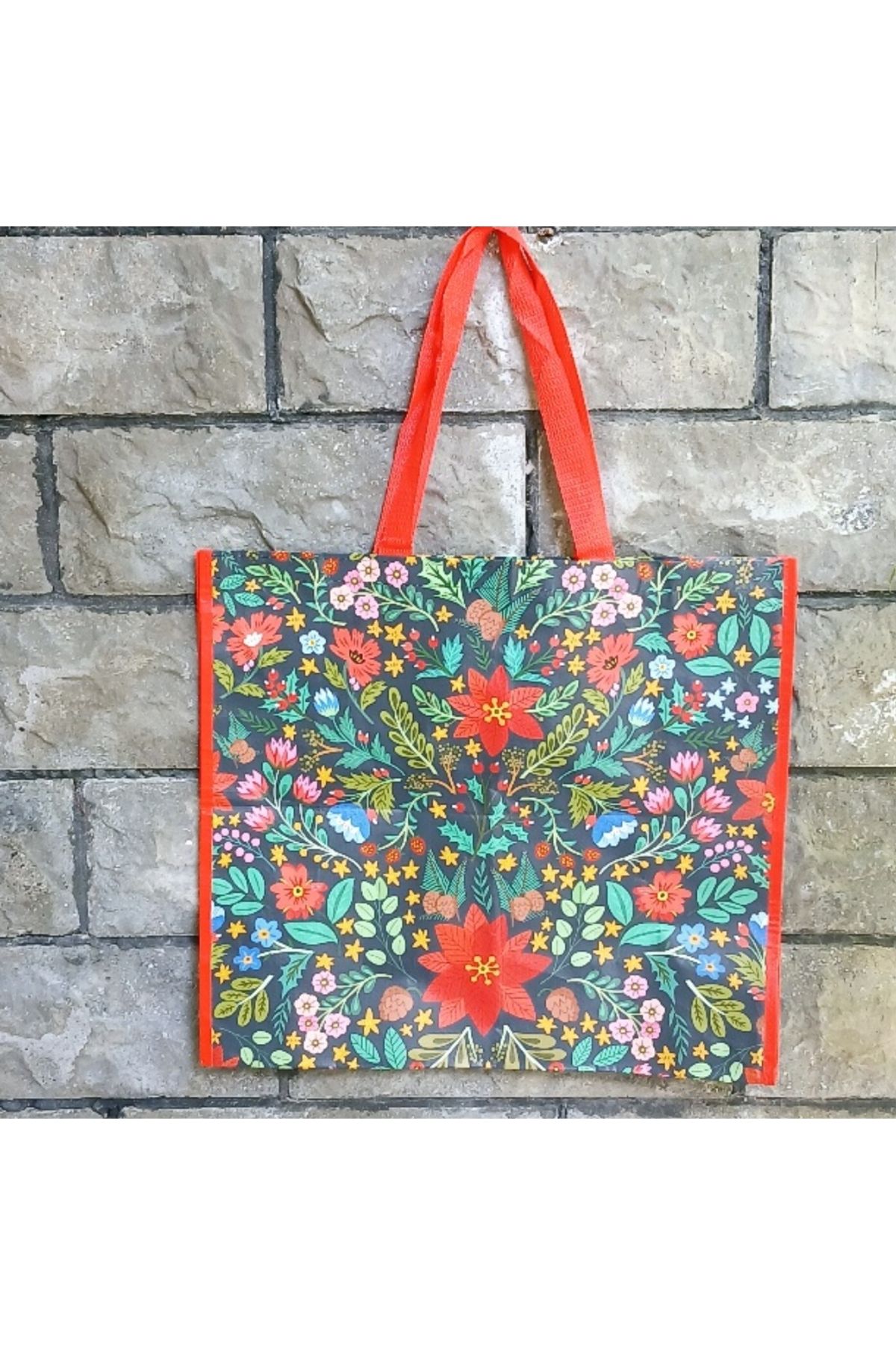 MyBalliStore Kırmızı Çiçek Desenli Alışveriş Çantası (pazar çantası)