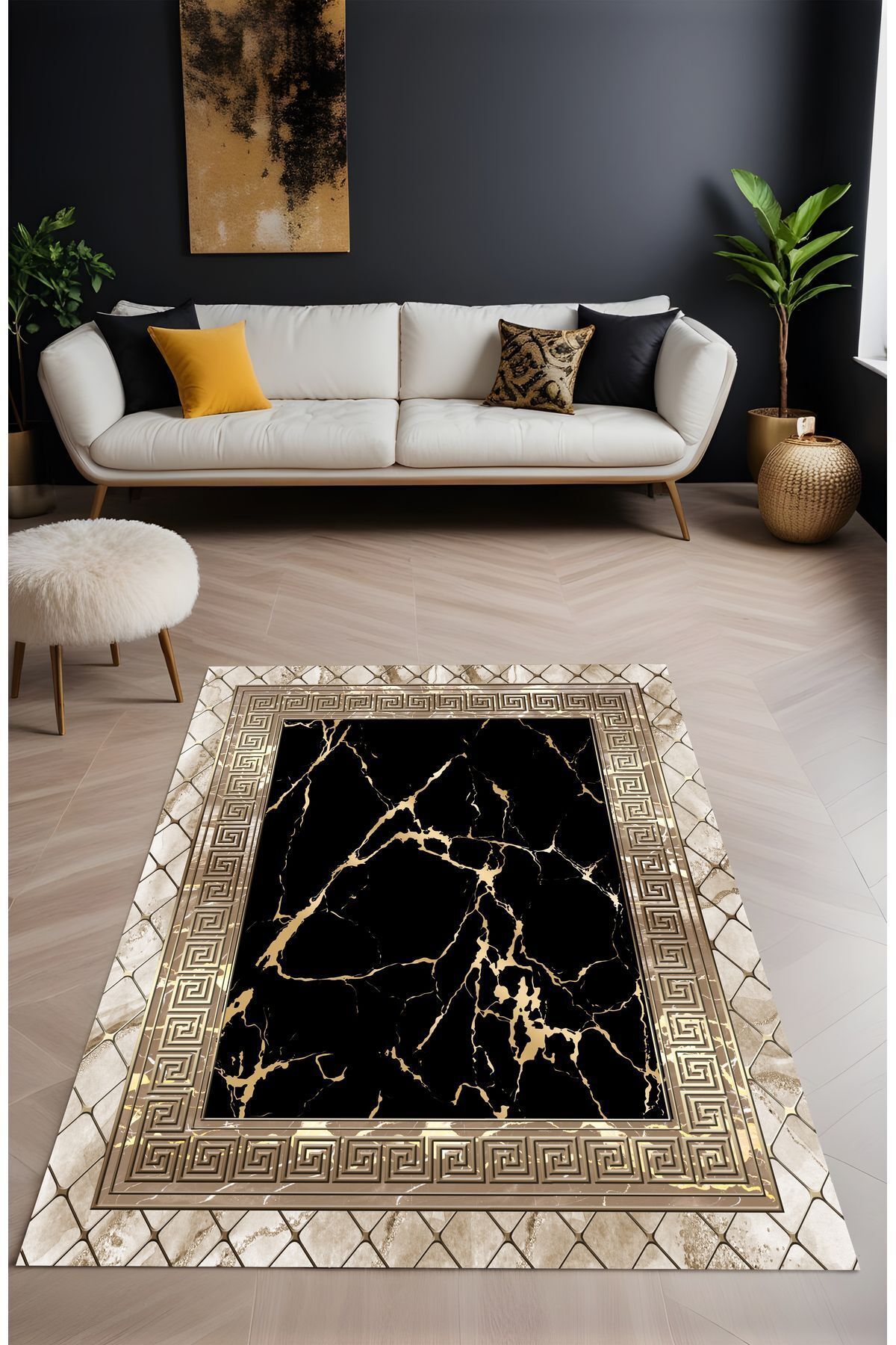 Liriya Dijital Baskı Siyah Gold Mermer Desen Çerçeveli Dekoratif Makinada Yıkanabilir Salon Yolluk Halısı