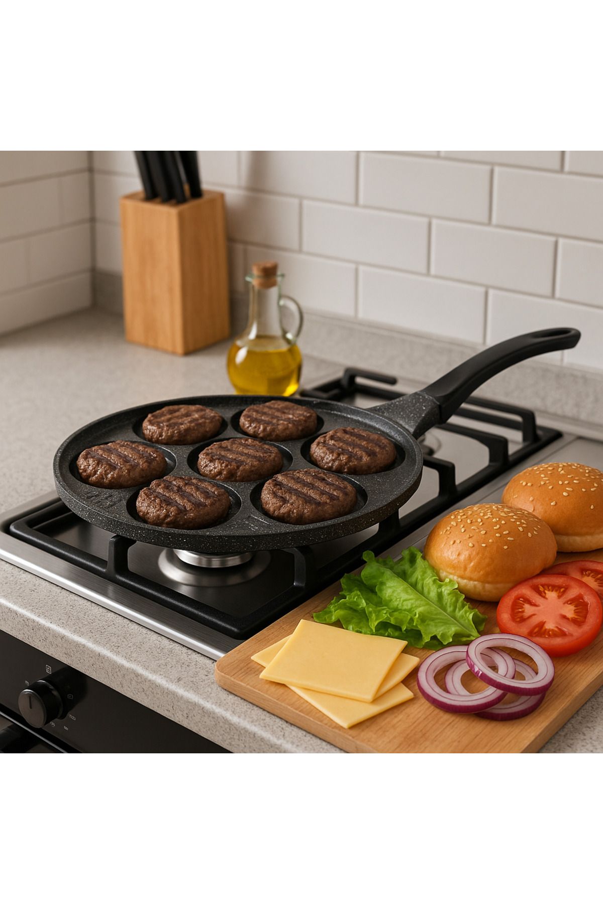 ELDİPA Granit Efektli Döküm 7 Gözlü 27 cm Hamburger Tavası – Yapışmaz Yüzey, Kolay Temizlenebilir