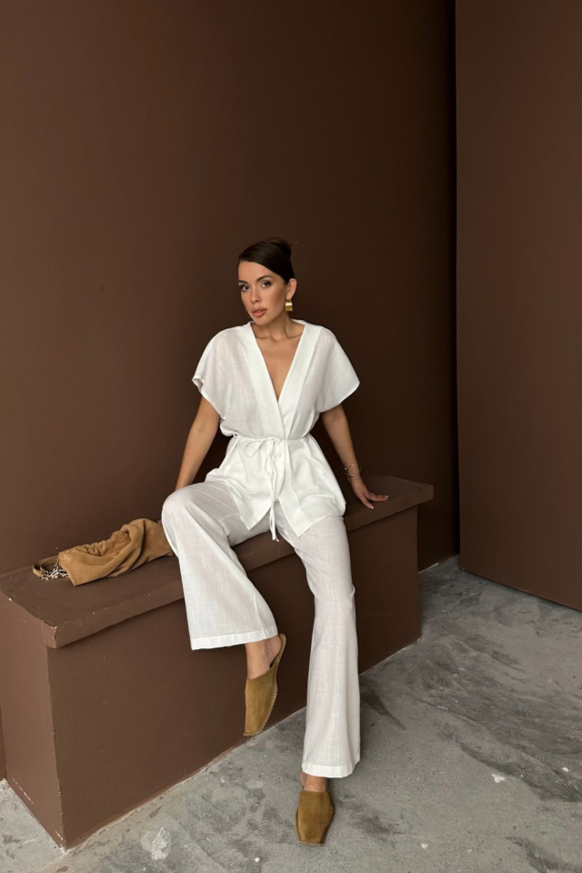 velmorafashion KETEN V YAKA BELDEN BAĞLAMALI BLUZ-PANTOLON TAKIM - Beyaz