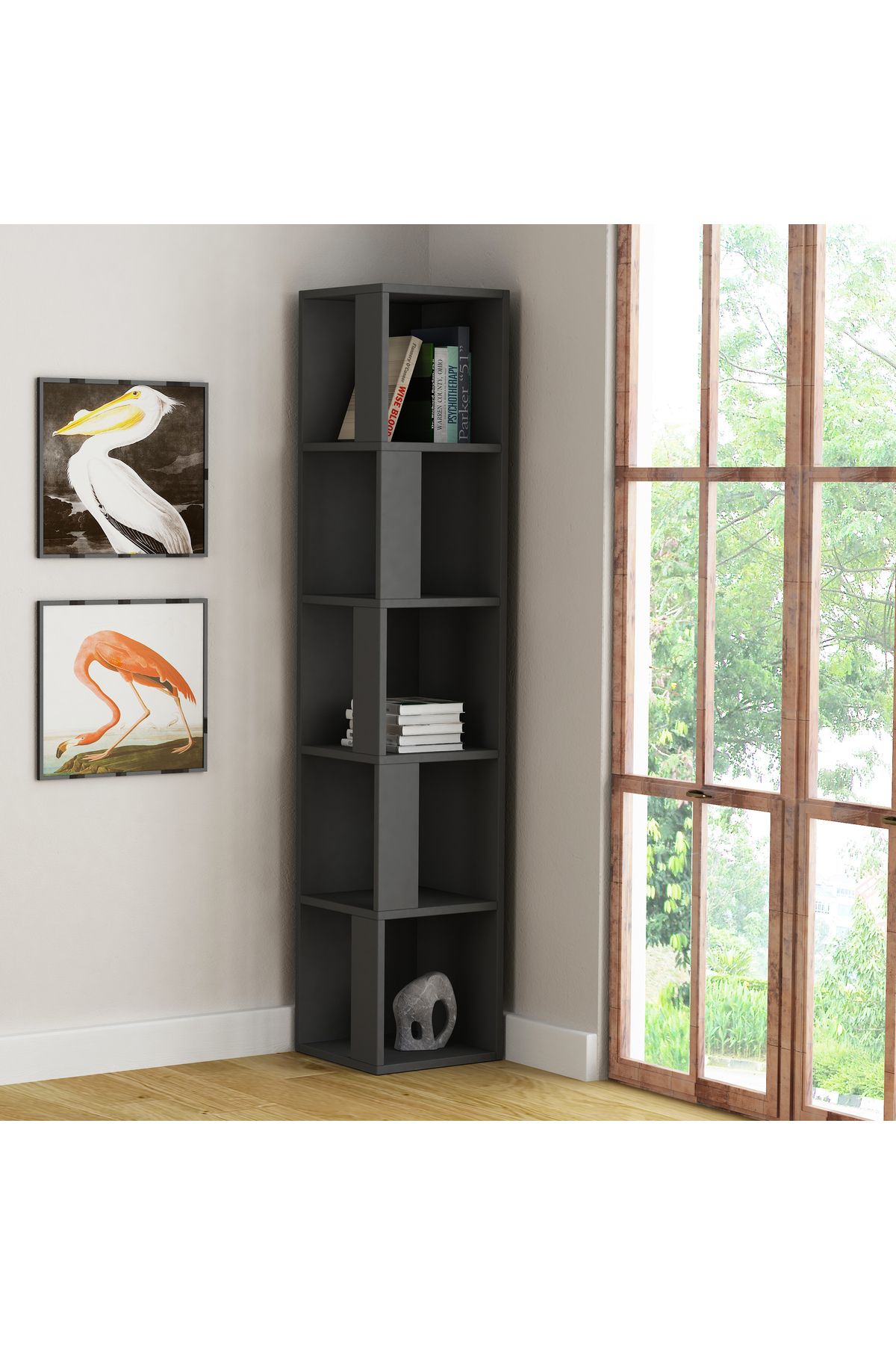 Mourah Home-Piano Modern Corner Bookcase Display Unit Grey 1