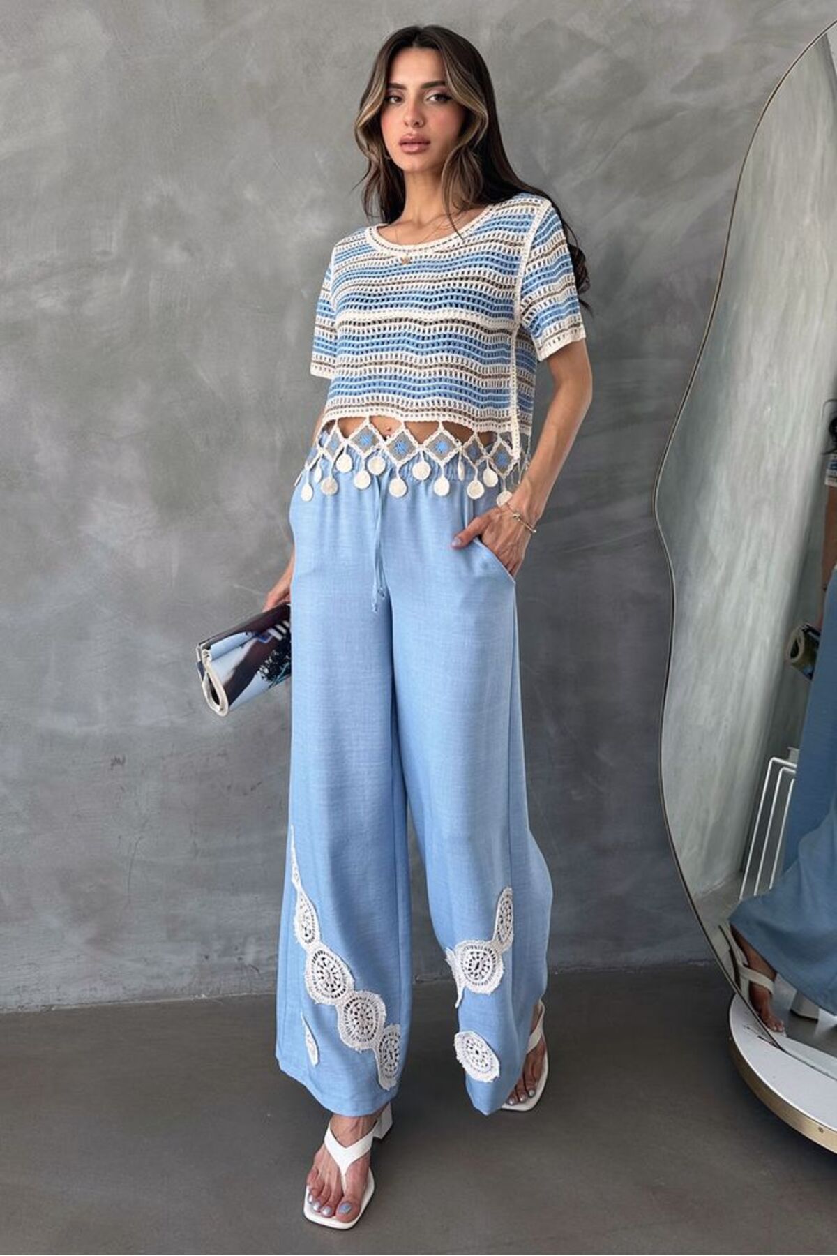 studio fashion 1988 Kadın Beyaz Premium Bağcıklı Krem Nakışlı Dantelli Pamuklu Keten Pantolon