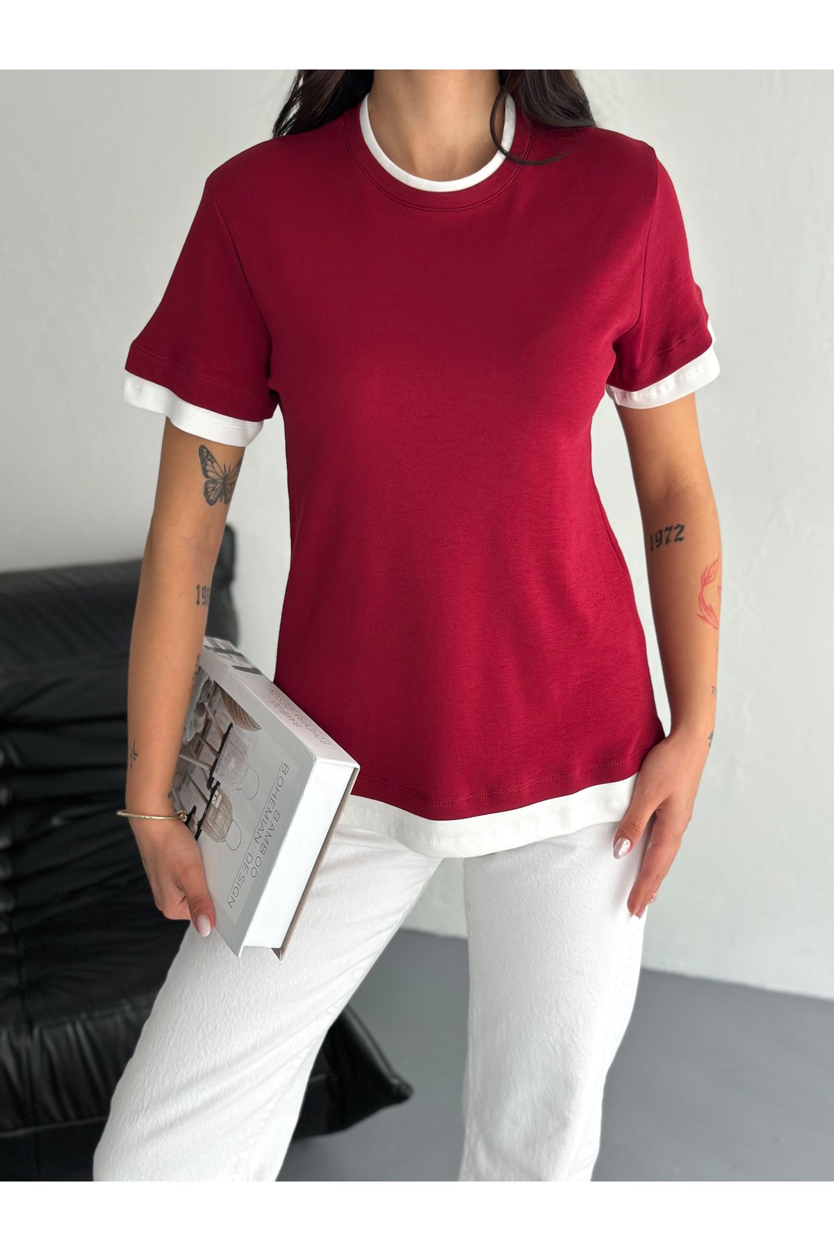 Fanori Woman KADIN BİSİKLET YAKA KOL VE YAKA DETAYLI BASİC T-shirt