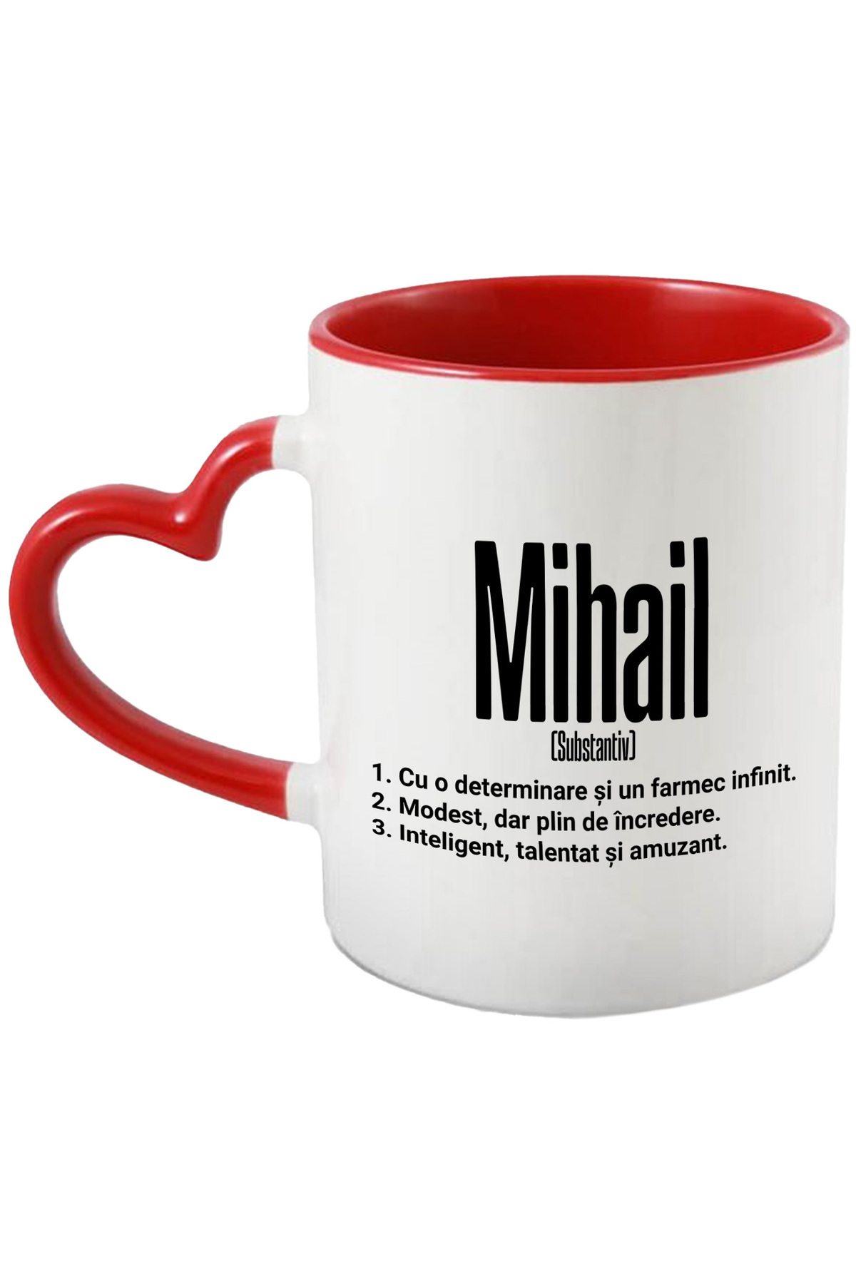 StoryGift Romania Cana Cu Numele Mihail, Determinare, Modest, Inteligent, Amuzant, Personalizat, C, Cu Maner Inim Stg - One Size