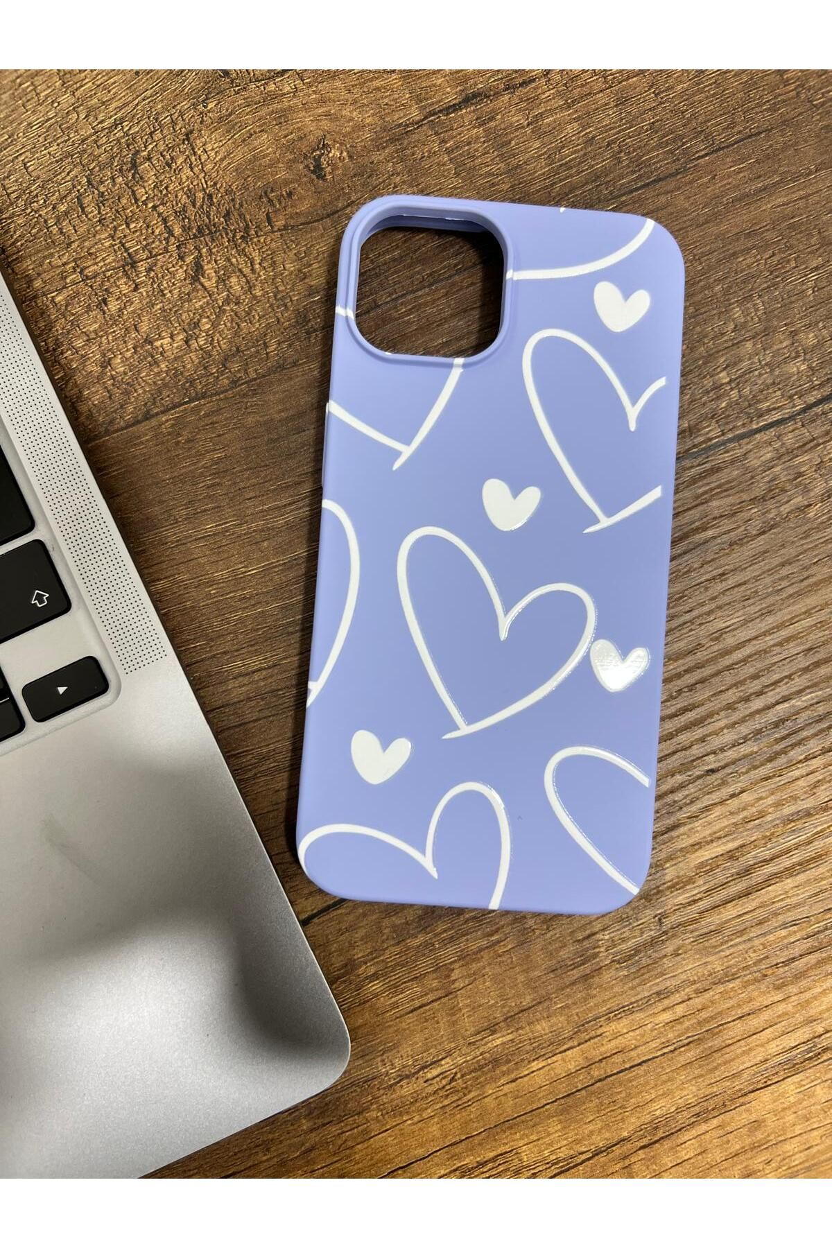 HZR Iphone 15 Mavi Beyaz Büyük Kalp Desenli Silikon Kılıf