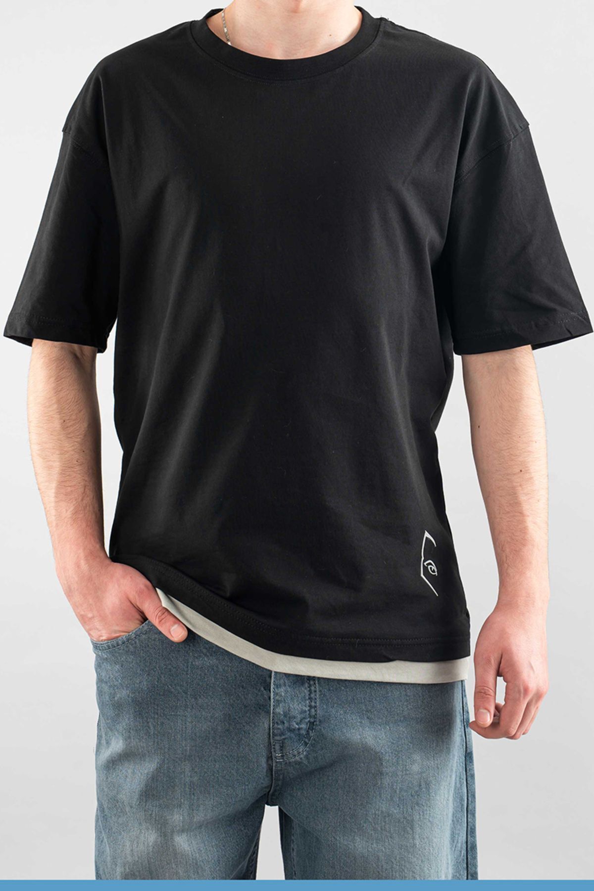 bombe Erkek Özel Bisiklet Yaka Tişört Basic Yarı Owersize Düz Baskılı T-Shirt