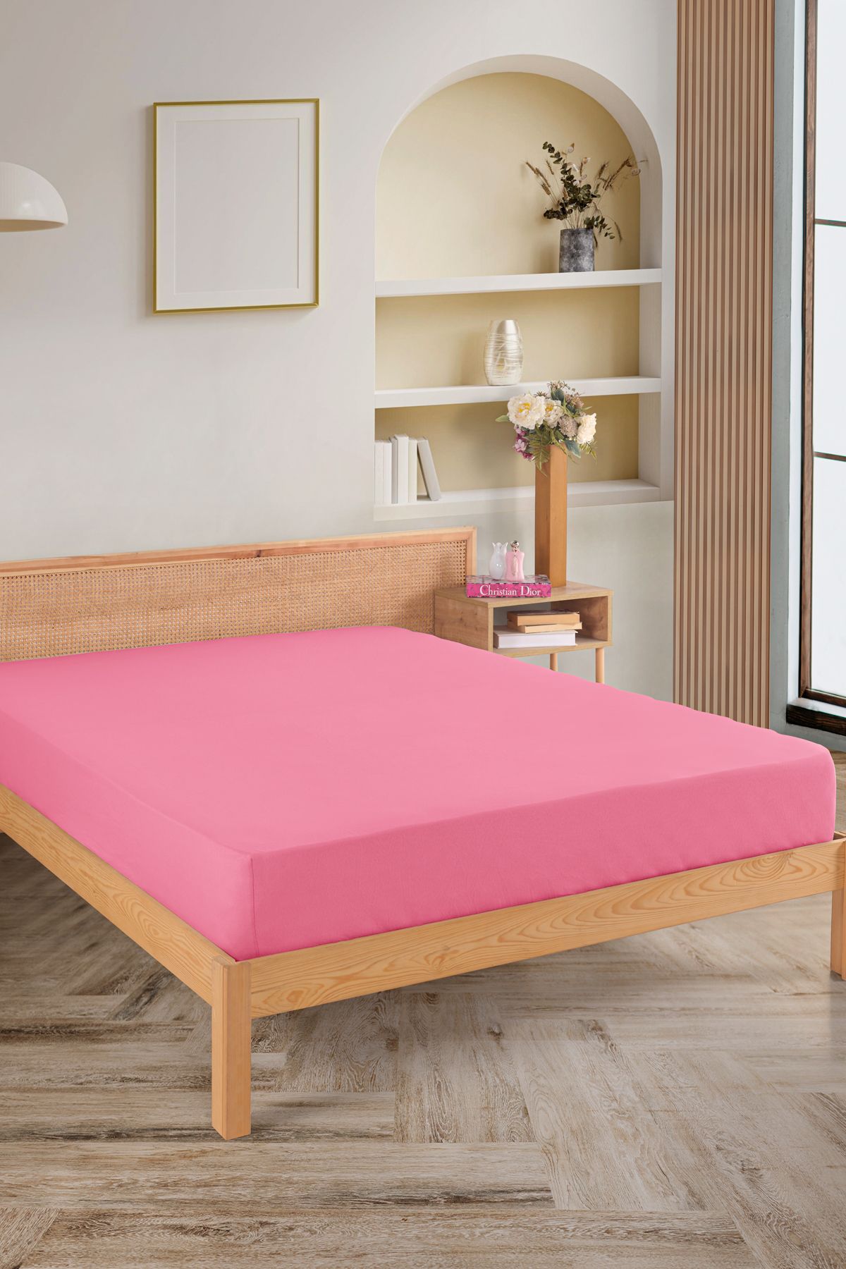 Karden Flower Premium %100 Pamuk Çift Kişilik Penye Lastikli Çarşaf - 180x200 cm pembe