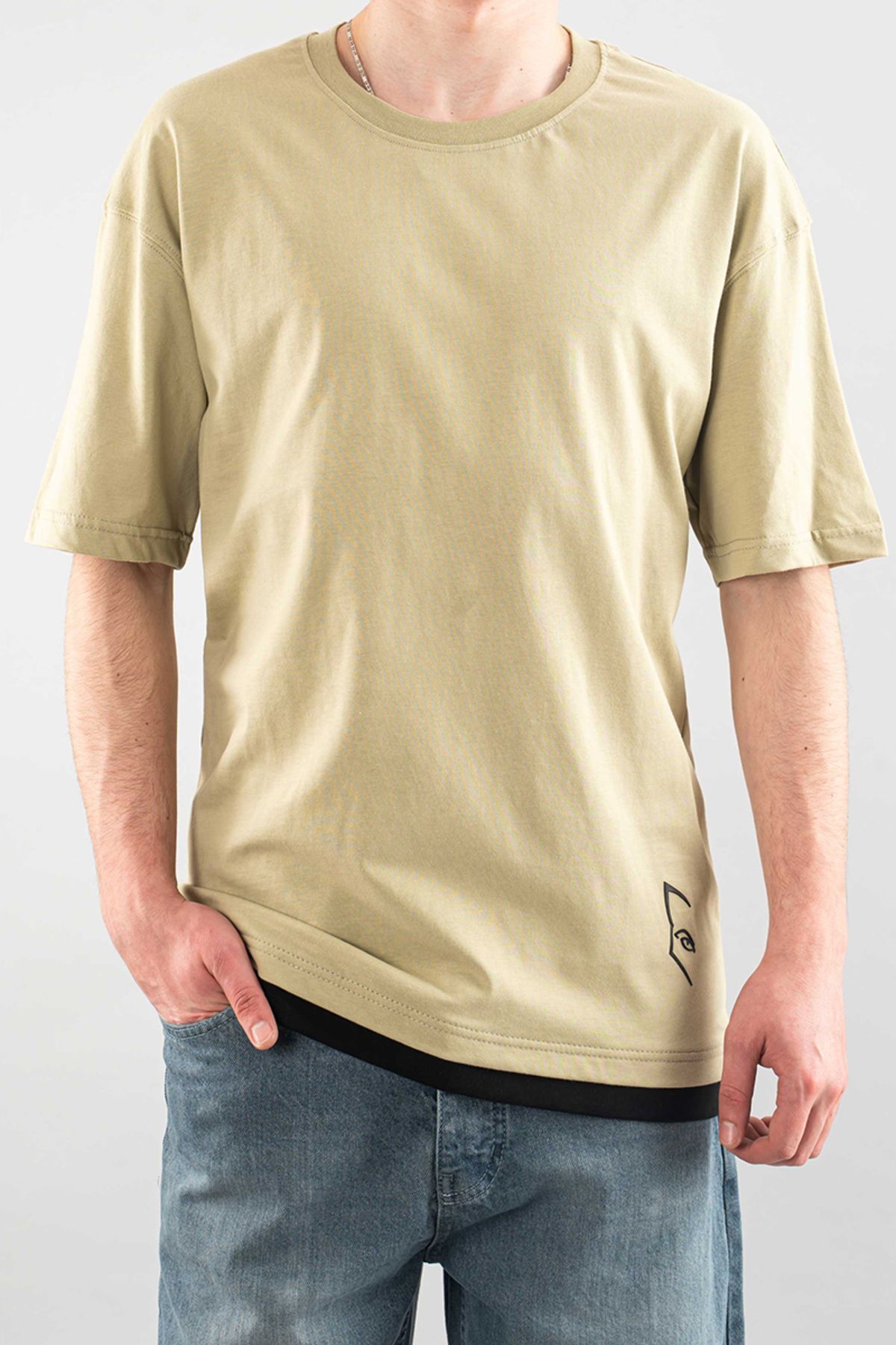 bombe Erkek Özel Bisiklet Yaka Tişört Basic Yarı Owersize Düz Baskılı T-Shirt