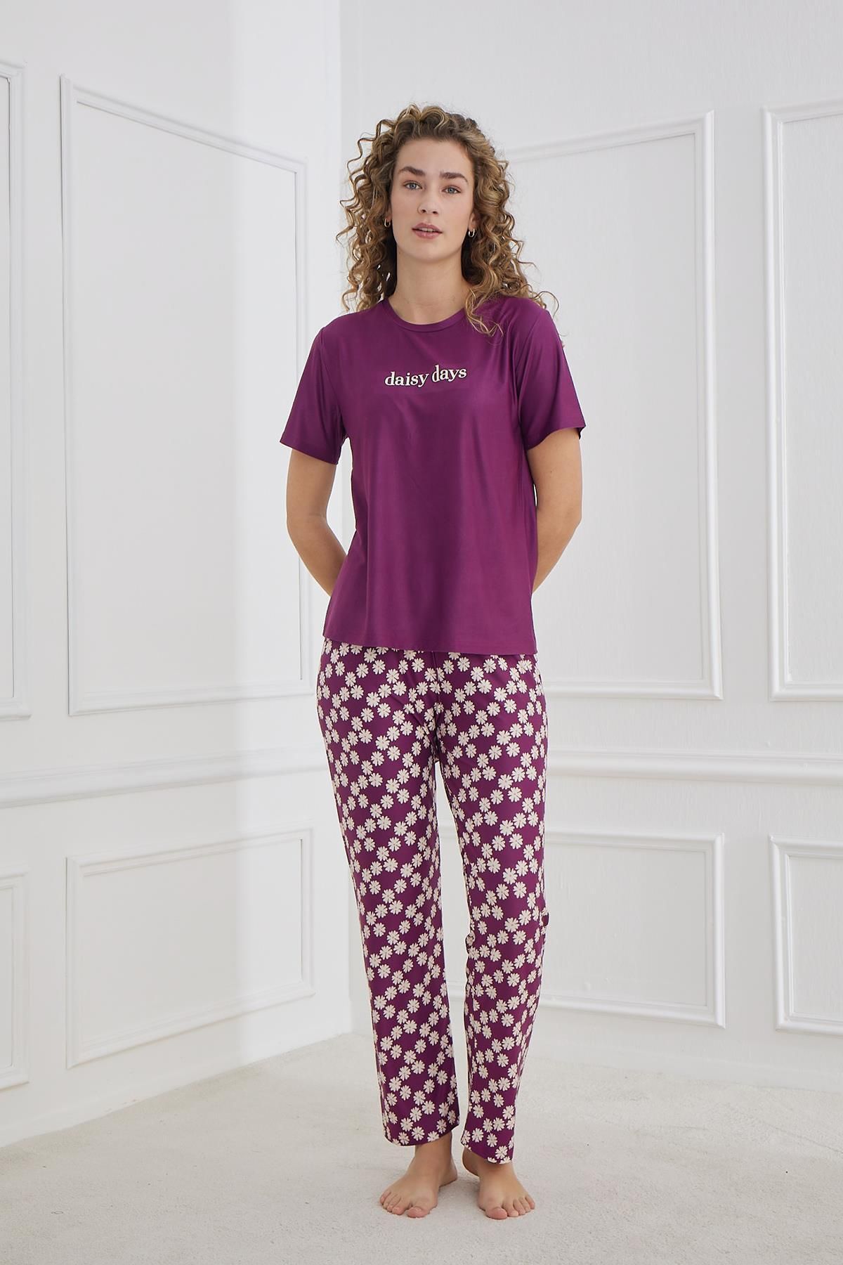 Kompedan Kadın Papatya Desenli Bisiklet Yaka Pijama Takım | Mor 30102-1284