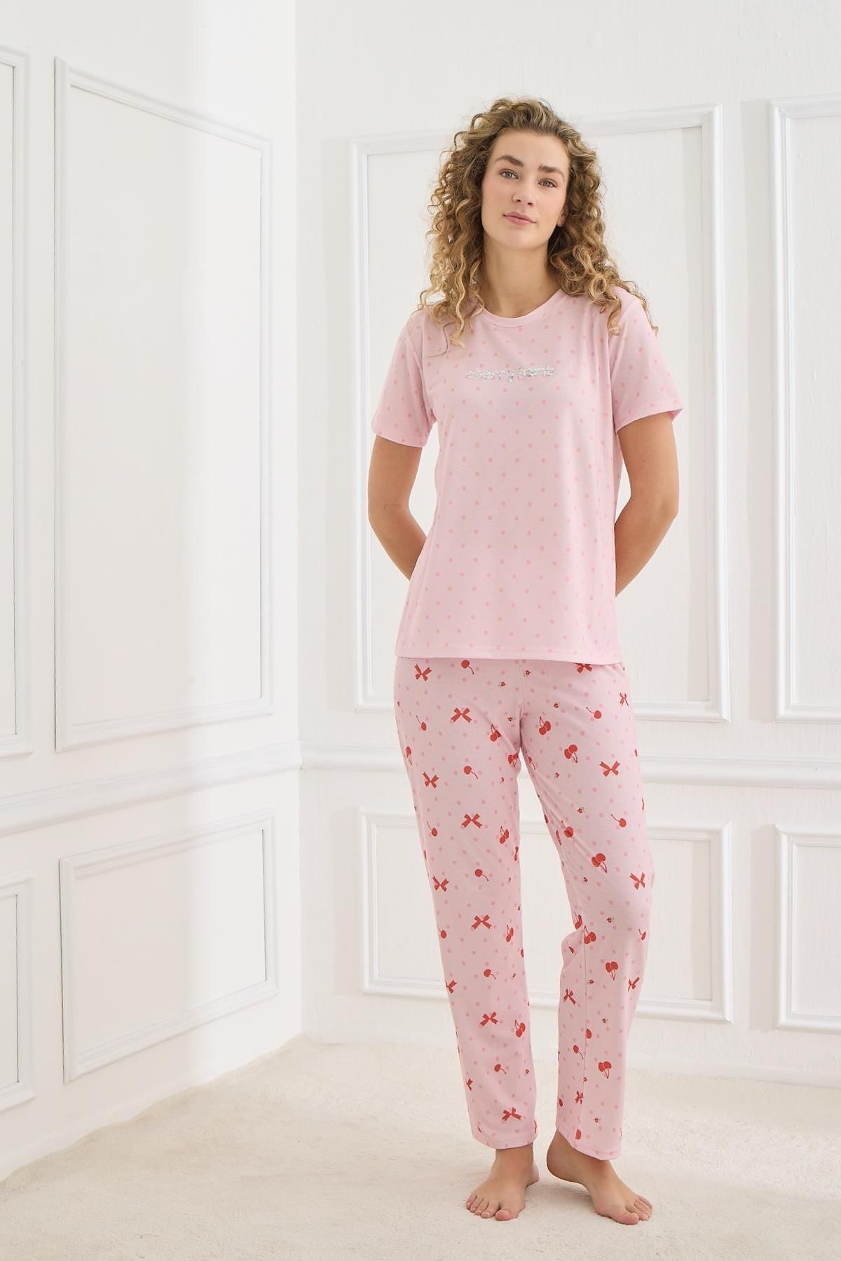 Kompedan Kadın Desenli Likralı Süprem Bisiklet Yaka Pijama Takım | Pembe 70109-924