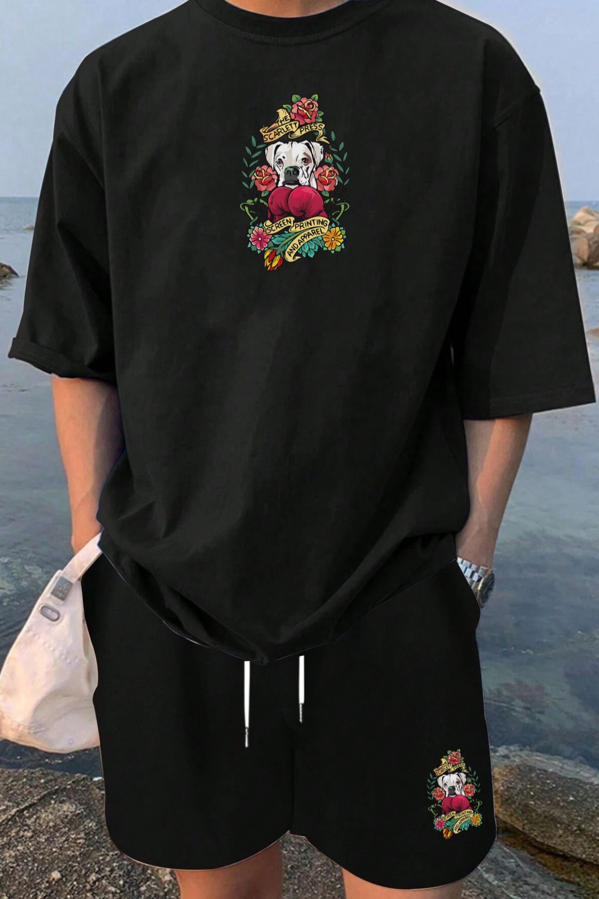 MELADYAN Boksör Köpek Baskılı Siyah T-shirt Siyah Şort Alt Üst Takım