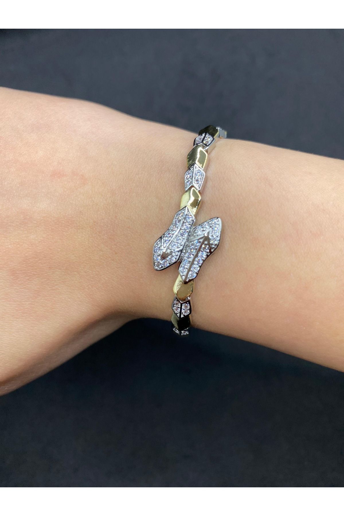 Jiji Jewelery Yılan Çift Başlı Zirkon Taş 1. Sınıf VİP Seri Paslanmaz Çelik Bileklik 17 cm