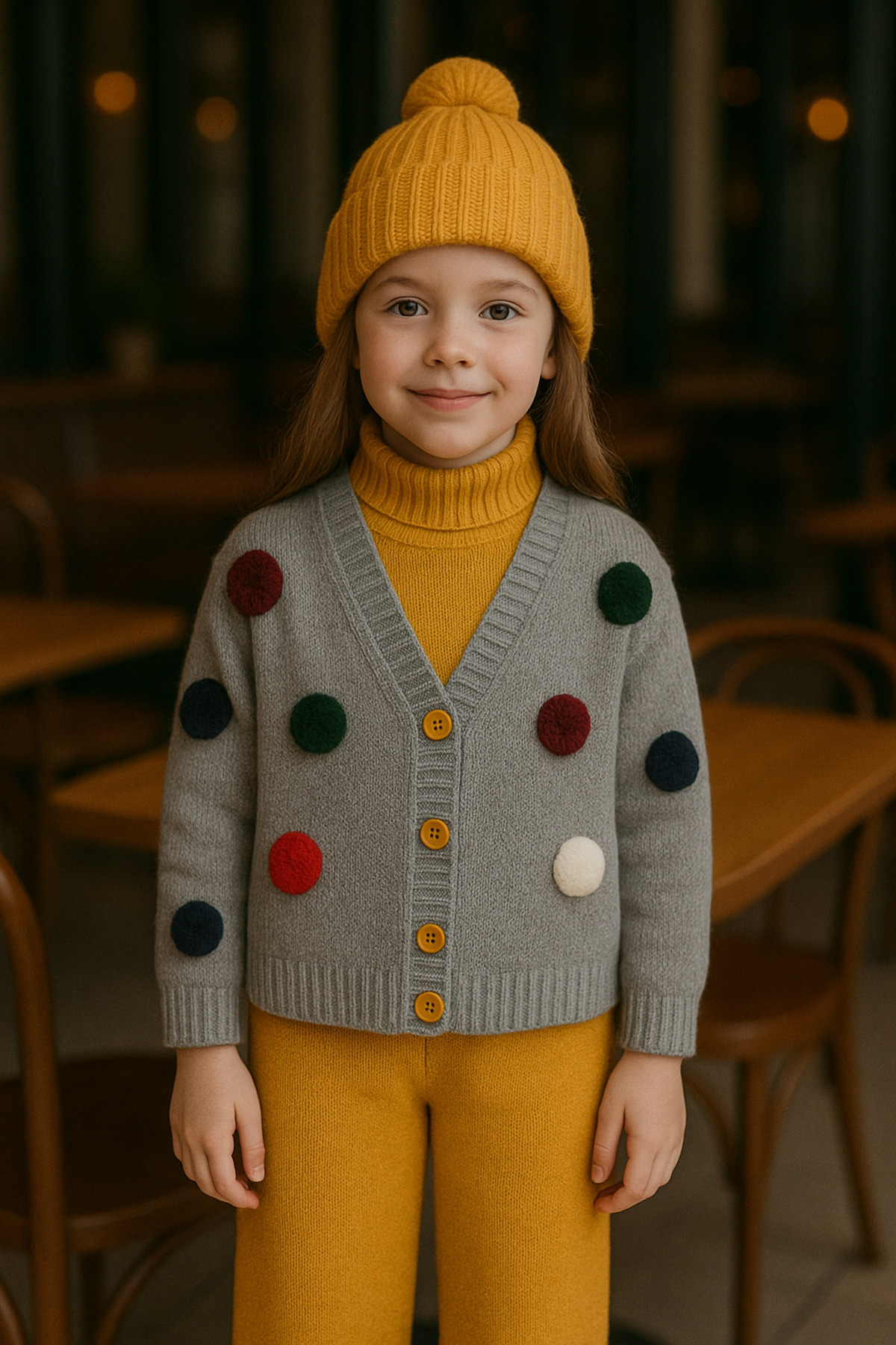 Hilal Akıncı Kids Fată Copil Pompoane Tricoturi Gri Cardigan Fără Mâneci Interior Badi Tricoturi Pantaloni Beanie Set 4 Piese Femeie - 4 years old