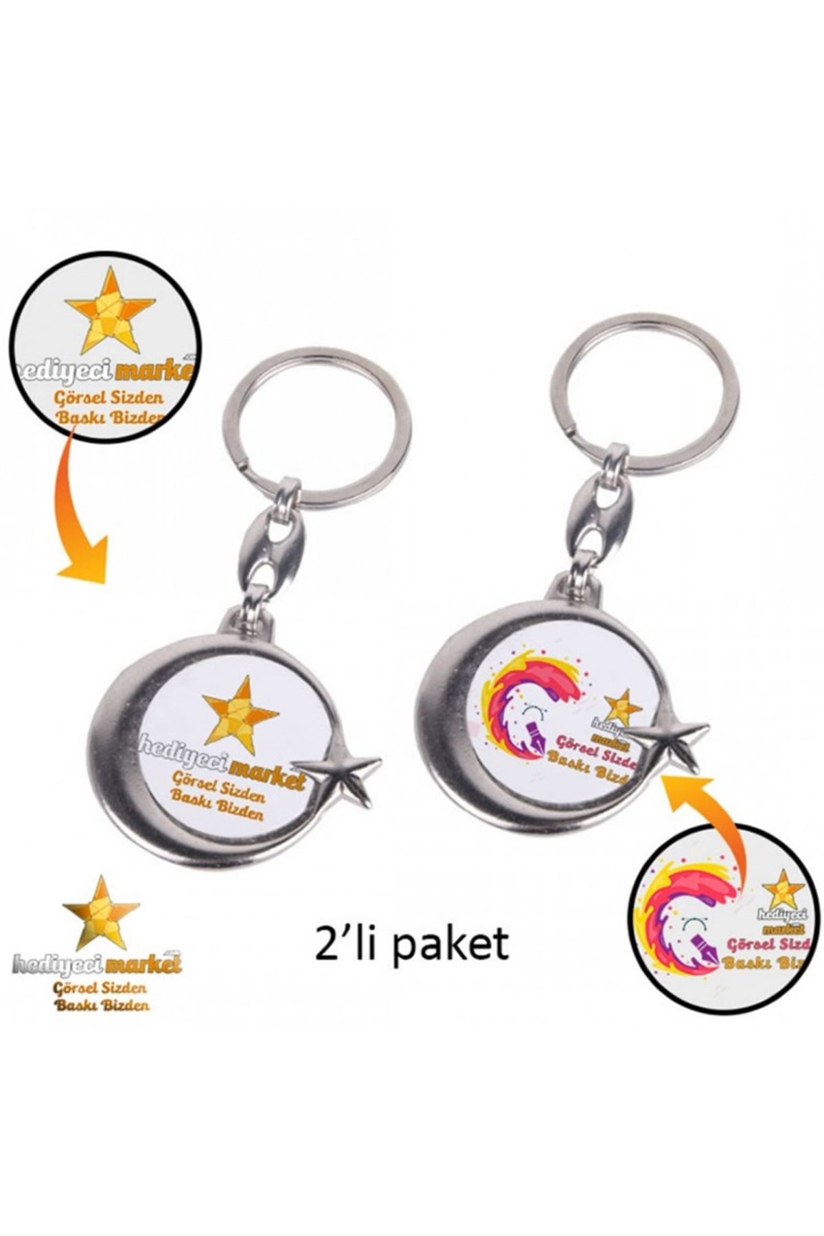 Hediyeci Market Kişiye Ve Kurumlara Özel Süblimasyon Ay Yıldızlı Çift Taraflı Metal Anahtarlık - 2'li Paket