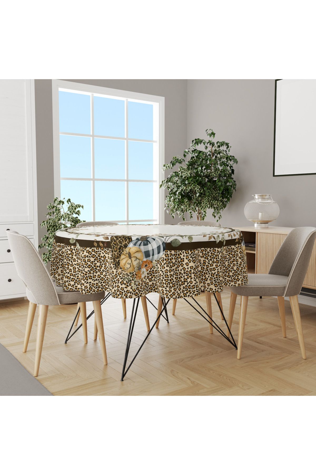 Home Fall Leopar Dertsiz Kahve Balkabağı Yuvarlak Masa Örtüsü