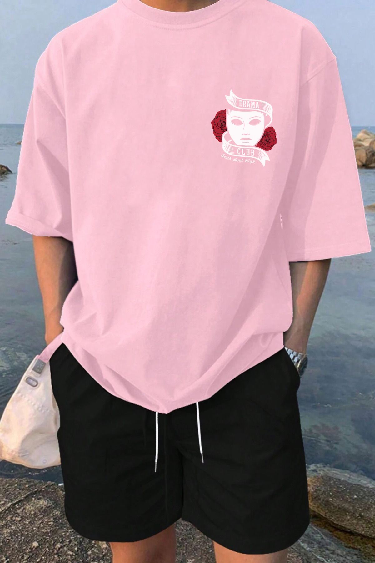 MELADYAN DramaClubÜst Baskılı Pembe T-shirt Siyah Şort Alt Üst Takım